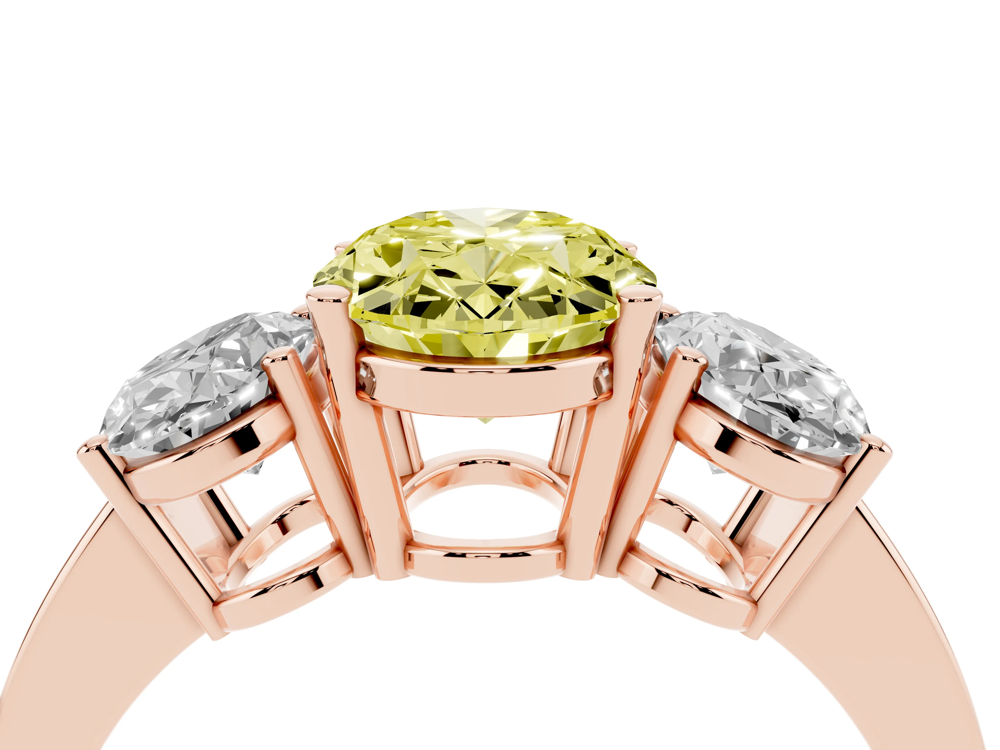Fancy Yellow Oval Cut Diamond Three-Stone Engagement Ring Set in Rose gold with Flat Band