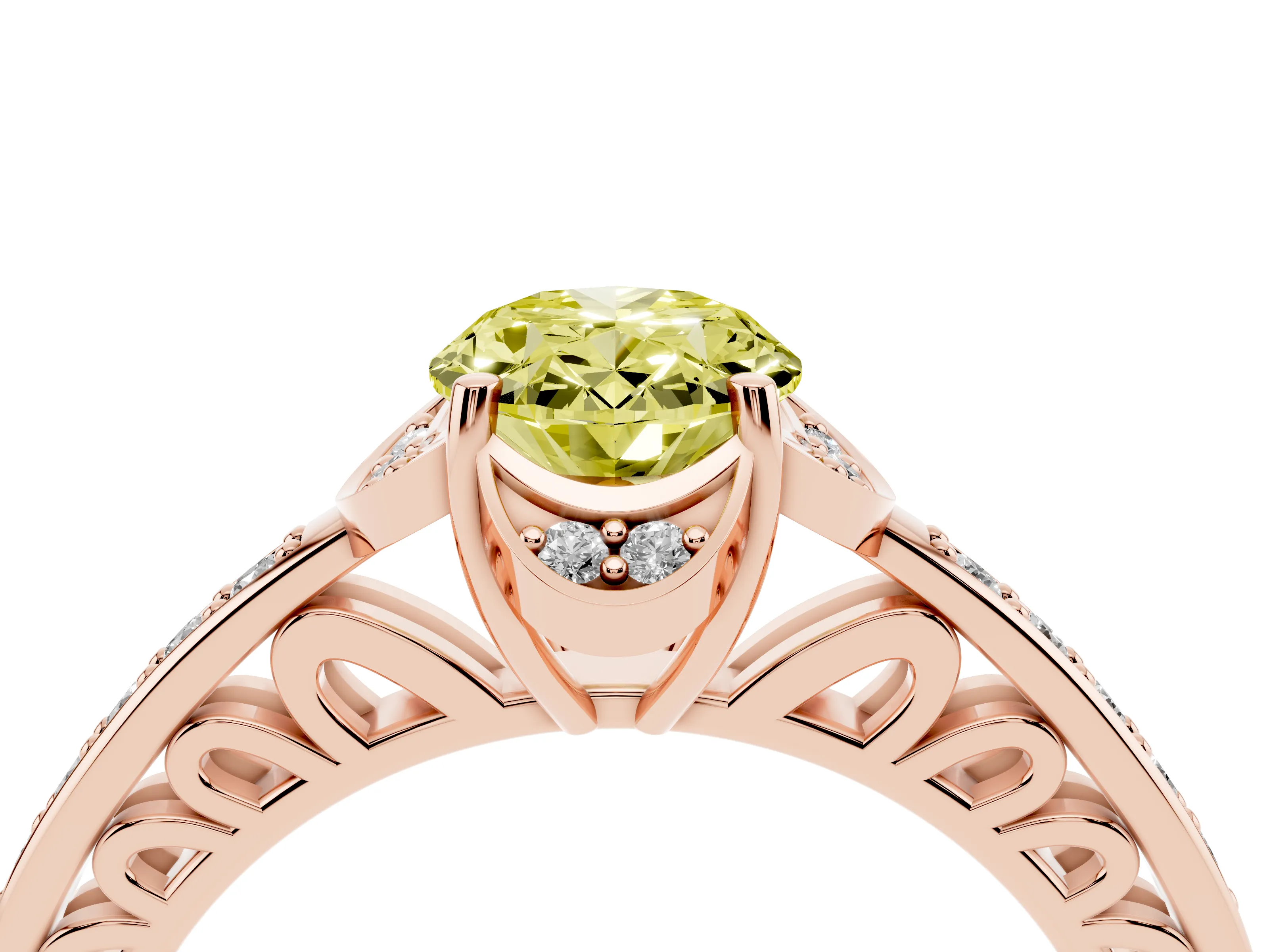 Fancy Yellow Oval Cut Diamond Halo Ring Set in Rose gold with Channel Set Band and Prong Setting