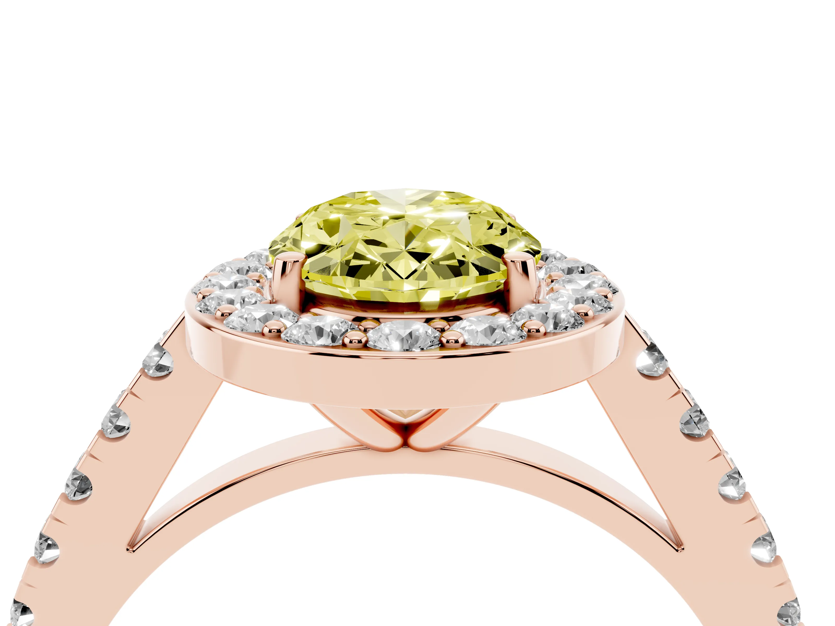 Fancy Yellow Oval Cut Diamond Halo Ring Set in Rose gold with Round Pavé Split Shank and Prong Setting
