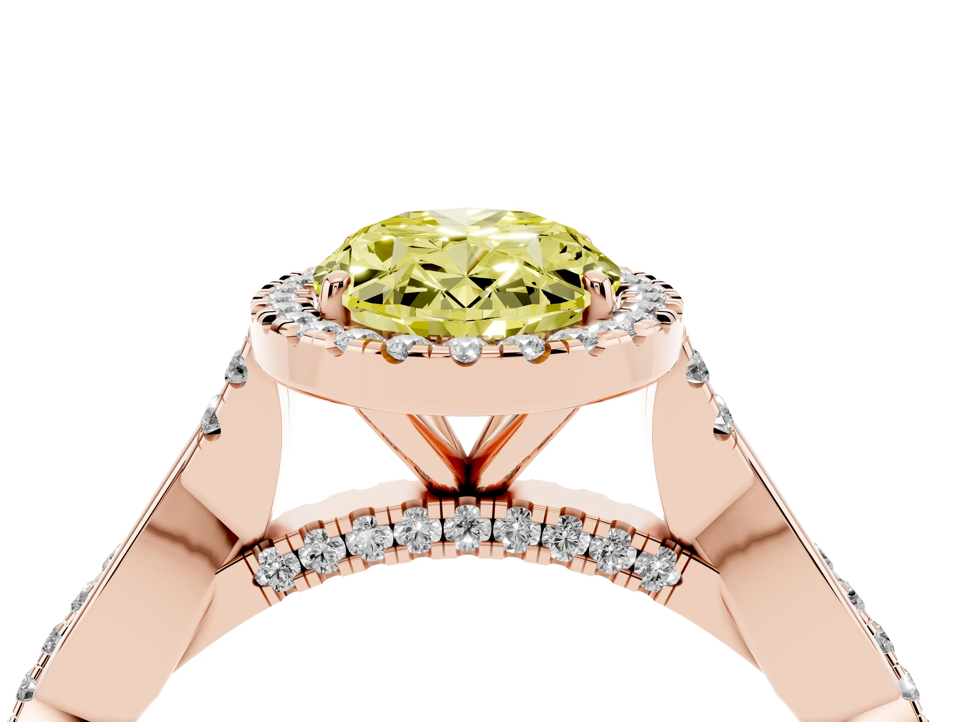 Fancy Yellow Oval Cut Diamond Halo Twist Band Solitaire Ring Set in Rose gold with Prong Setting