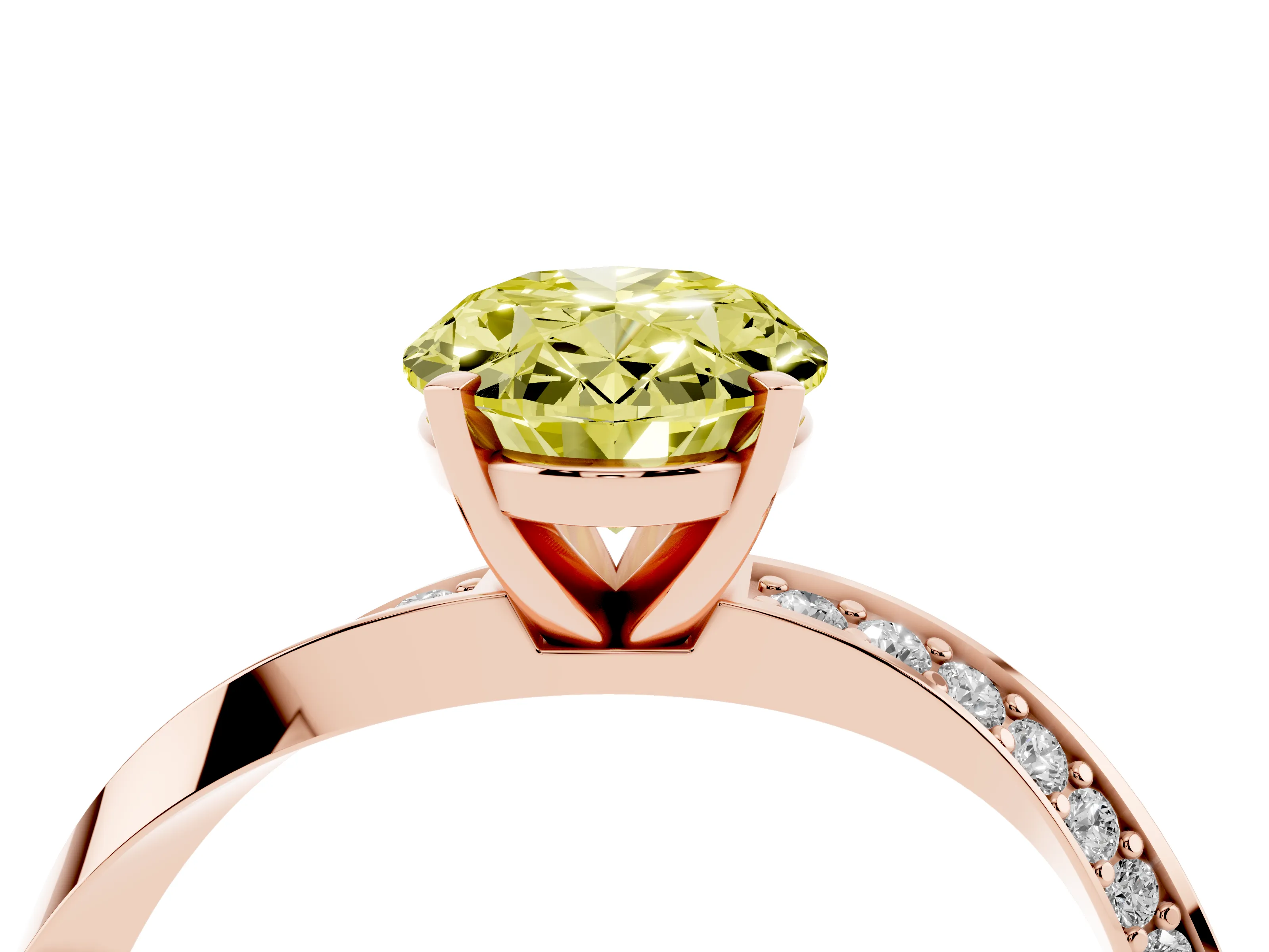 Fancy Yellow Oval Cut Diamond Engagement Ring Set in Rose gold with Side Stone Accents and Prong Setting