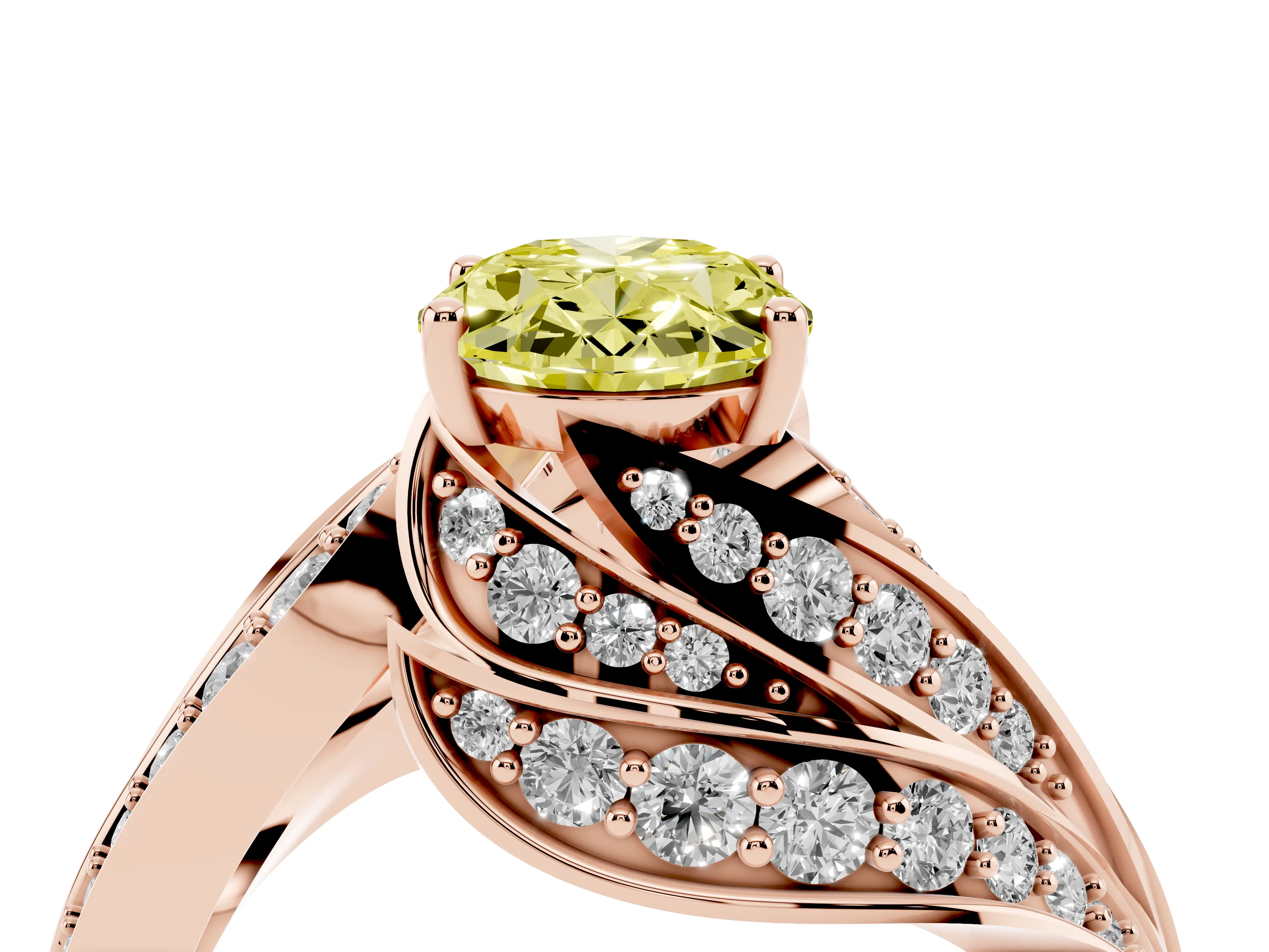 Fancy Yellow Oval Cut Diamond Solitaire Ring Set in Rose gold with Layered Twist Pavé Band