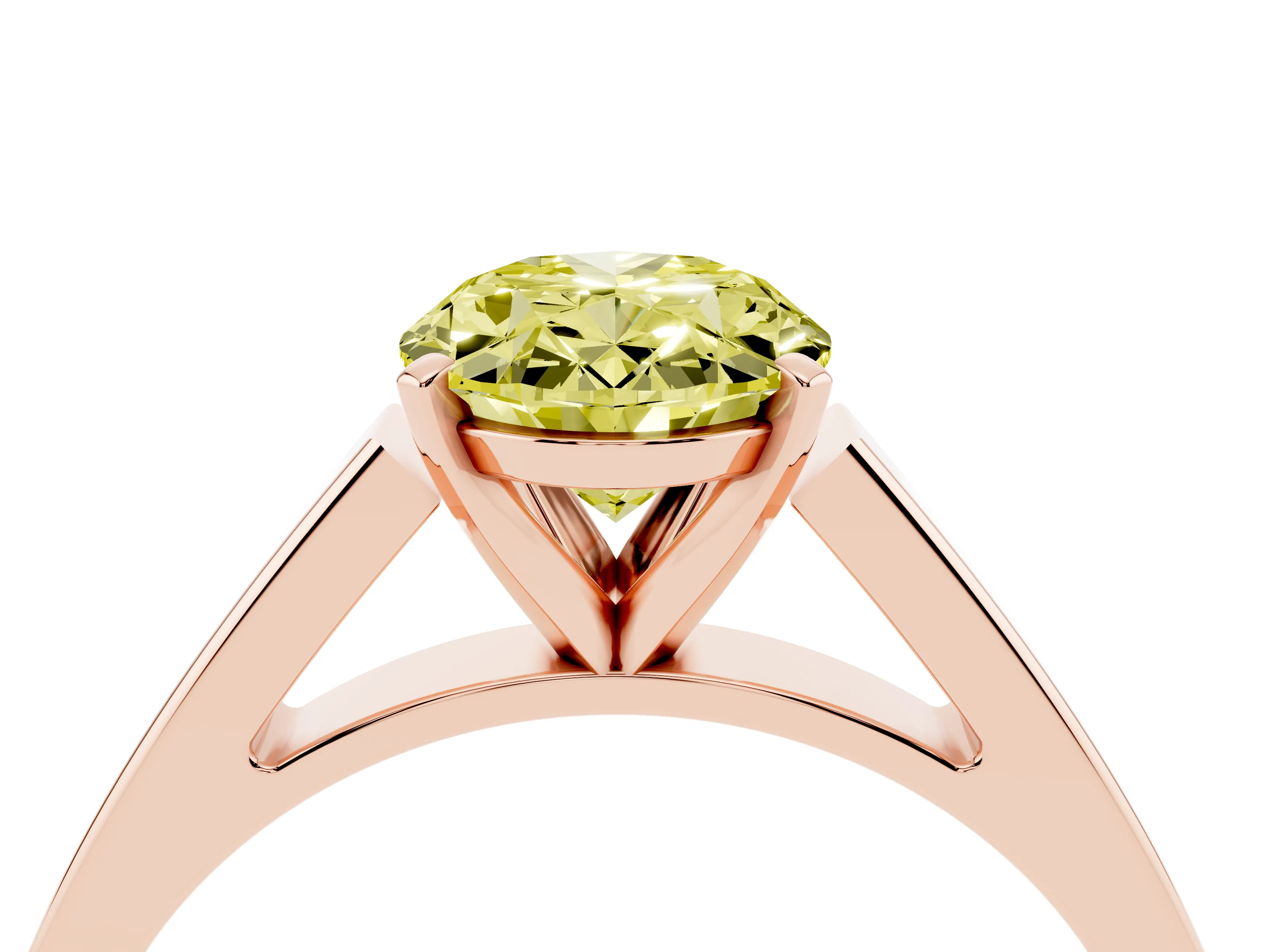 Fancy Yellow Oval Cut Diamond Solitaire Engagement Ring Set in Rose gold with Prong Setting and Tapered Band