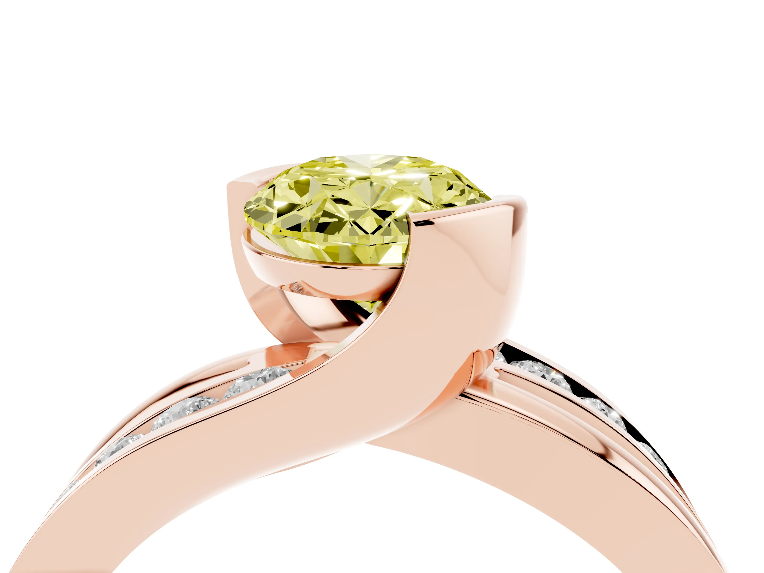 Fancy Yellow Oval Cut Diamond Solitaire Ring Set in Rose gold with Channel Set Split Shank and Tension Prongs