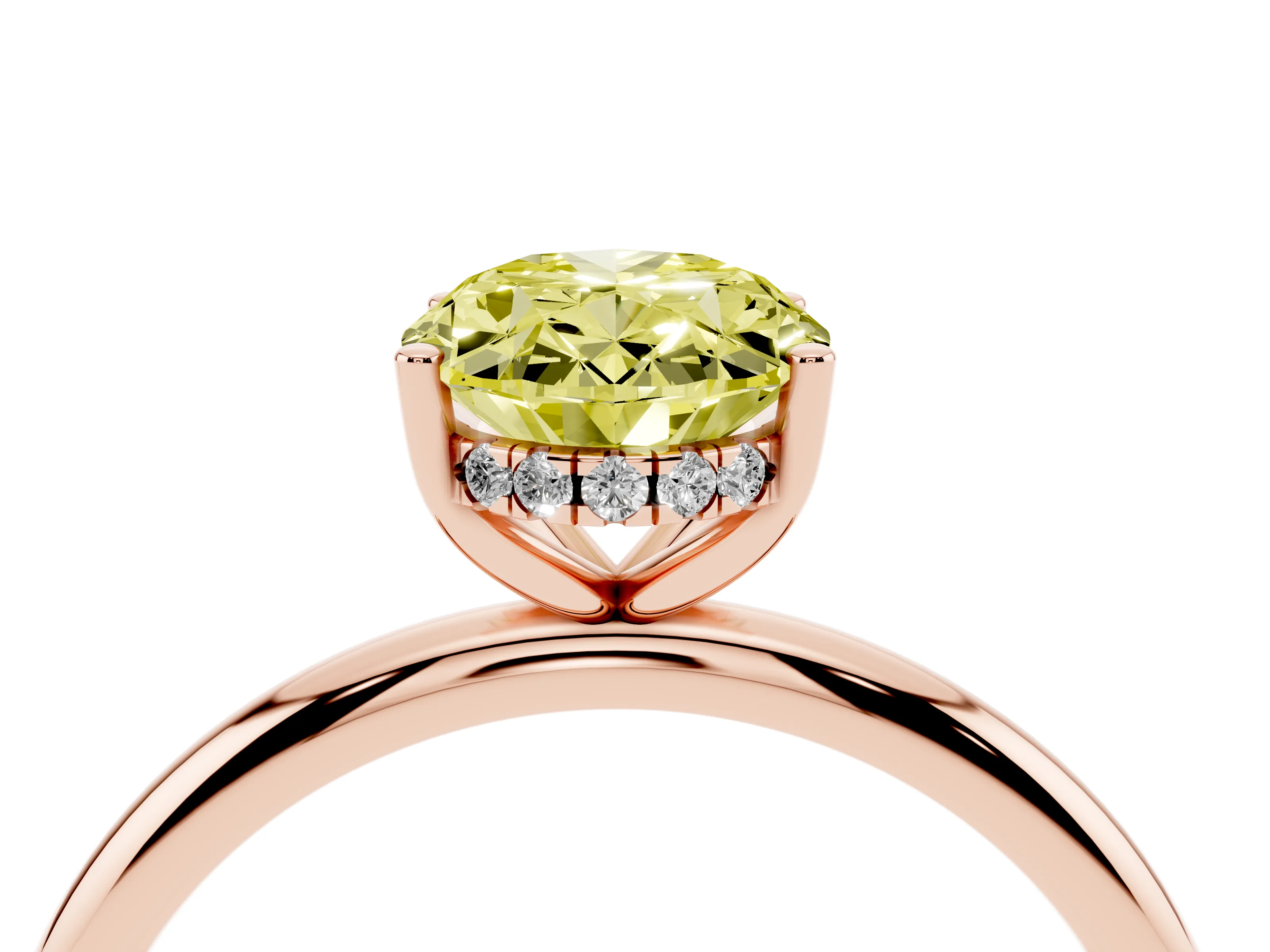 Fancy Yellow Oval Cut Diamond Solitaire Engagement Ring Set in Rose gold with Prong Setting and Polished Band