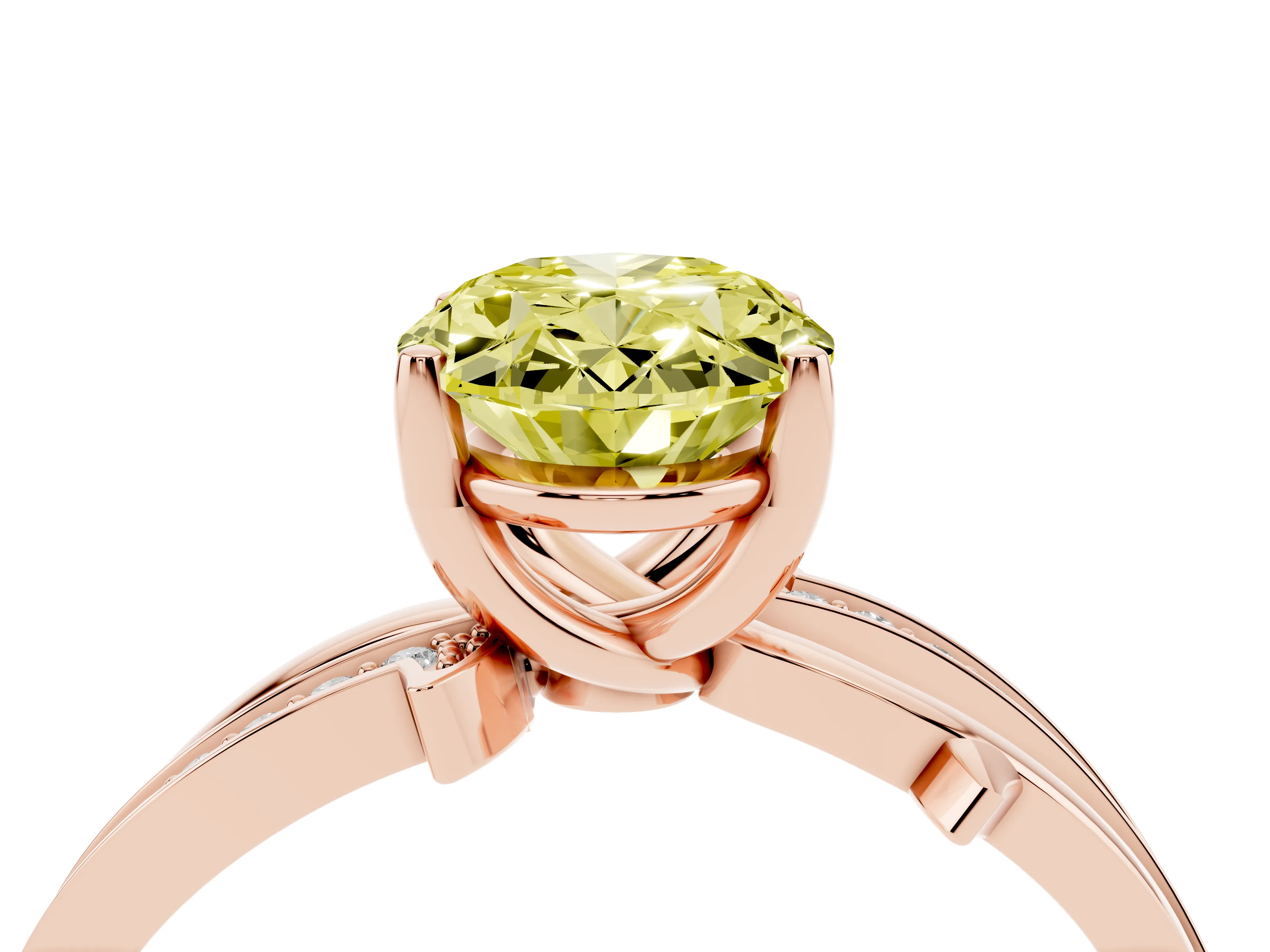 Fancy Yellow Oval Cut Diamond Pavé Twist Band Solitaire Ring Set in Rose gold with Prong Setting