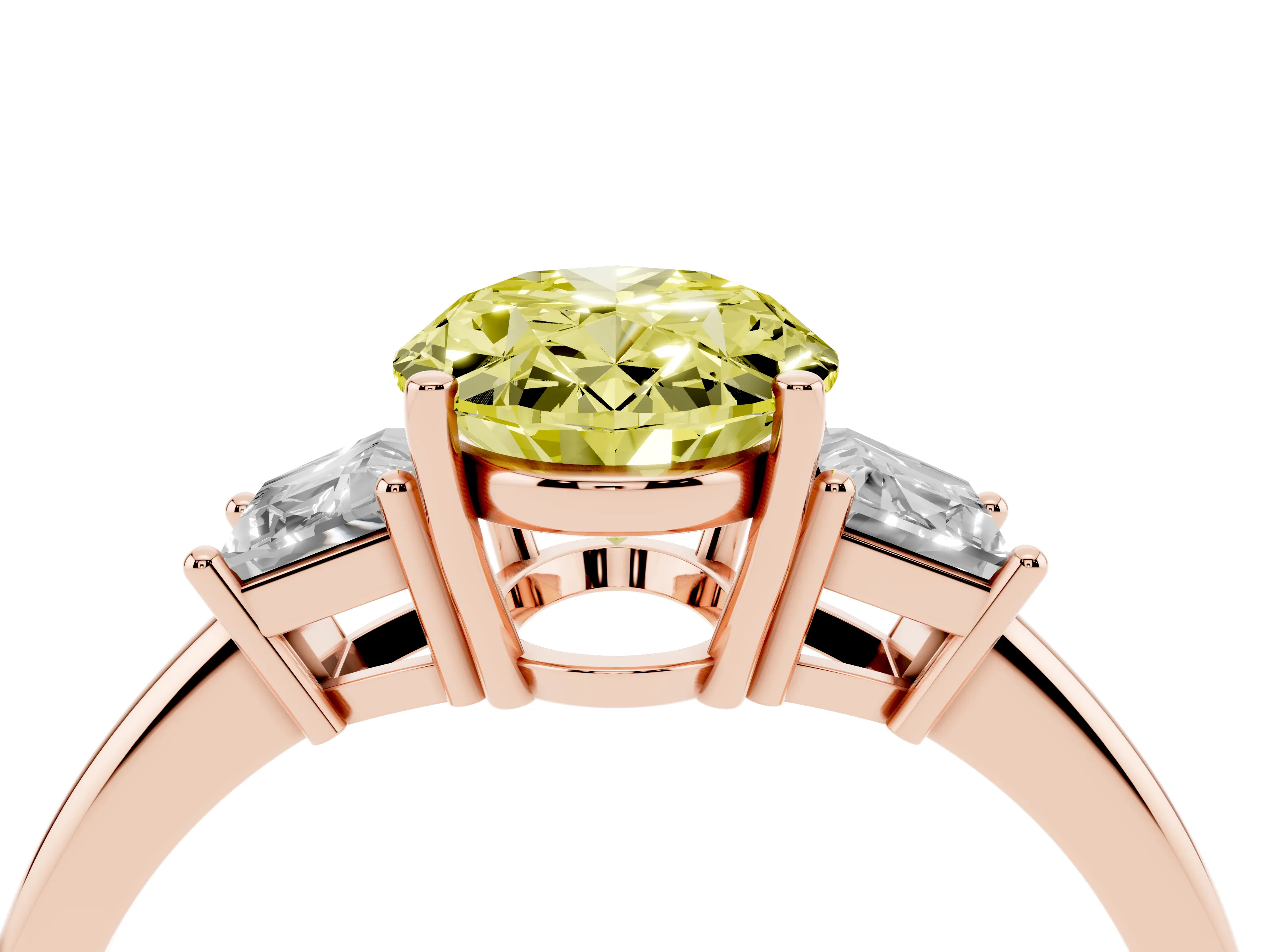 Fancy Yellow Oval Cut Diamond Three-Stone Ring Set in Rose gold with Trapezoid Side Stones and Prong Setting