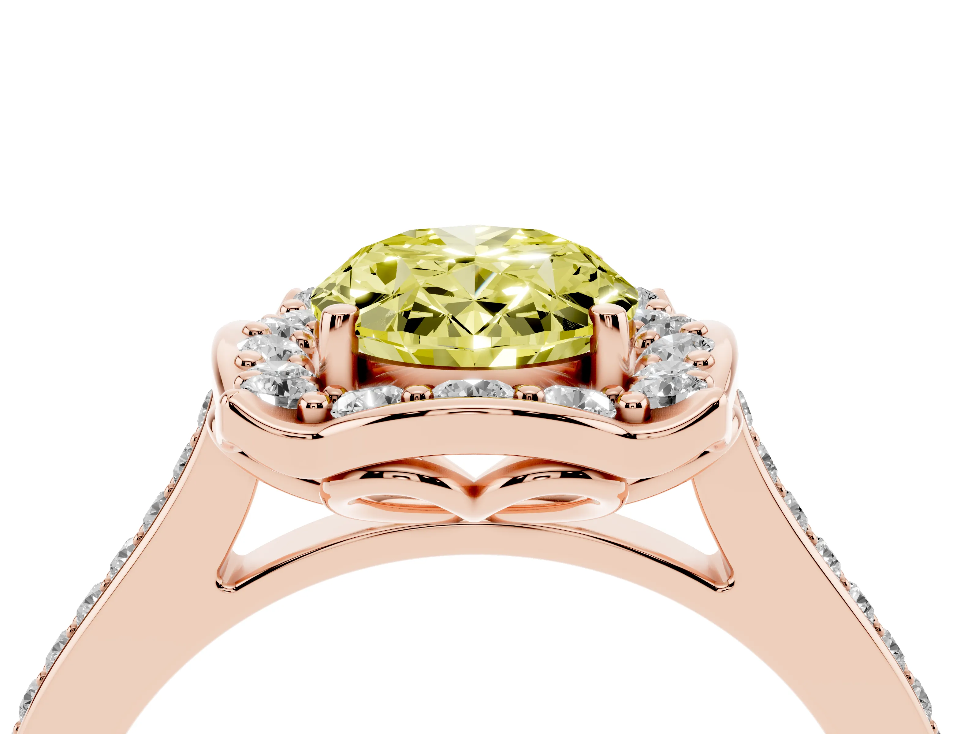 Fancy Yellow Oval Cut Diamond Halo Ring Set in Rose gold with Pavé-Lined Shoulders and Prong Setting