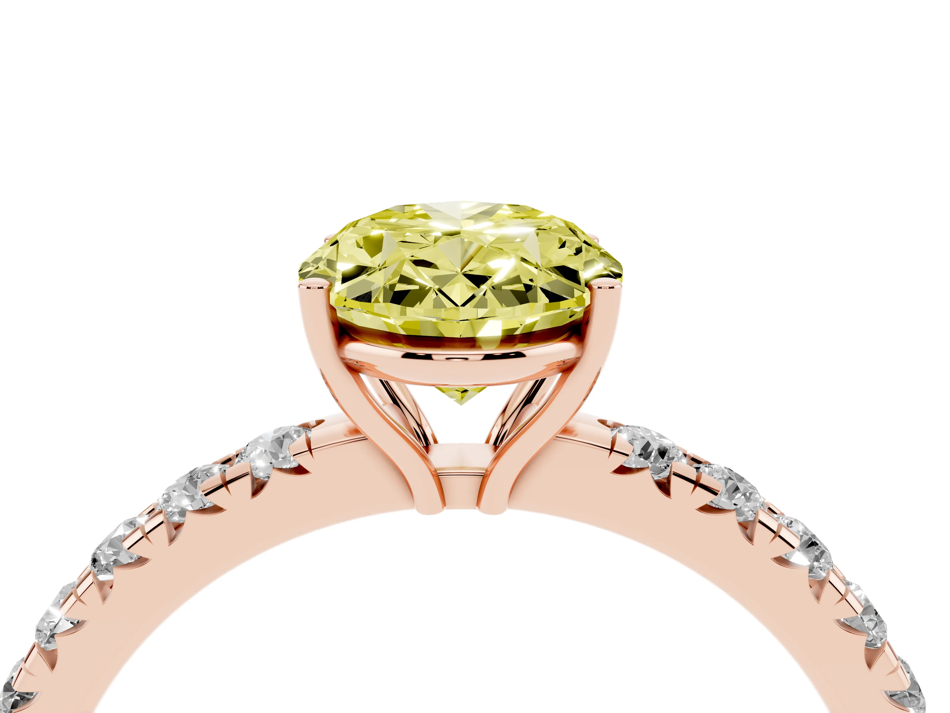 Fancy Yellow Oval Cut Diamond Pavé Solitaire Engagement Ring Set in Rose gold with Prong Setting