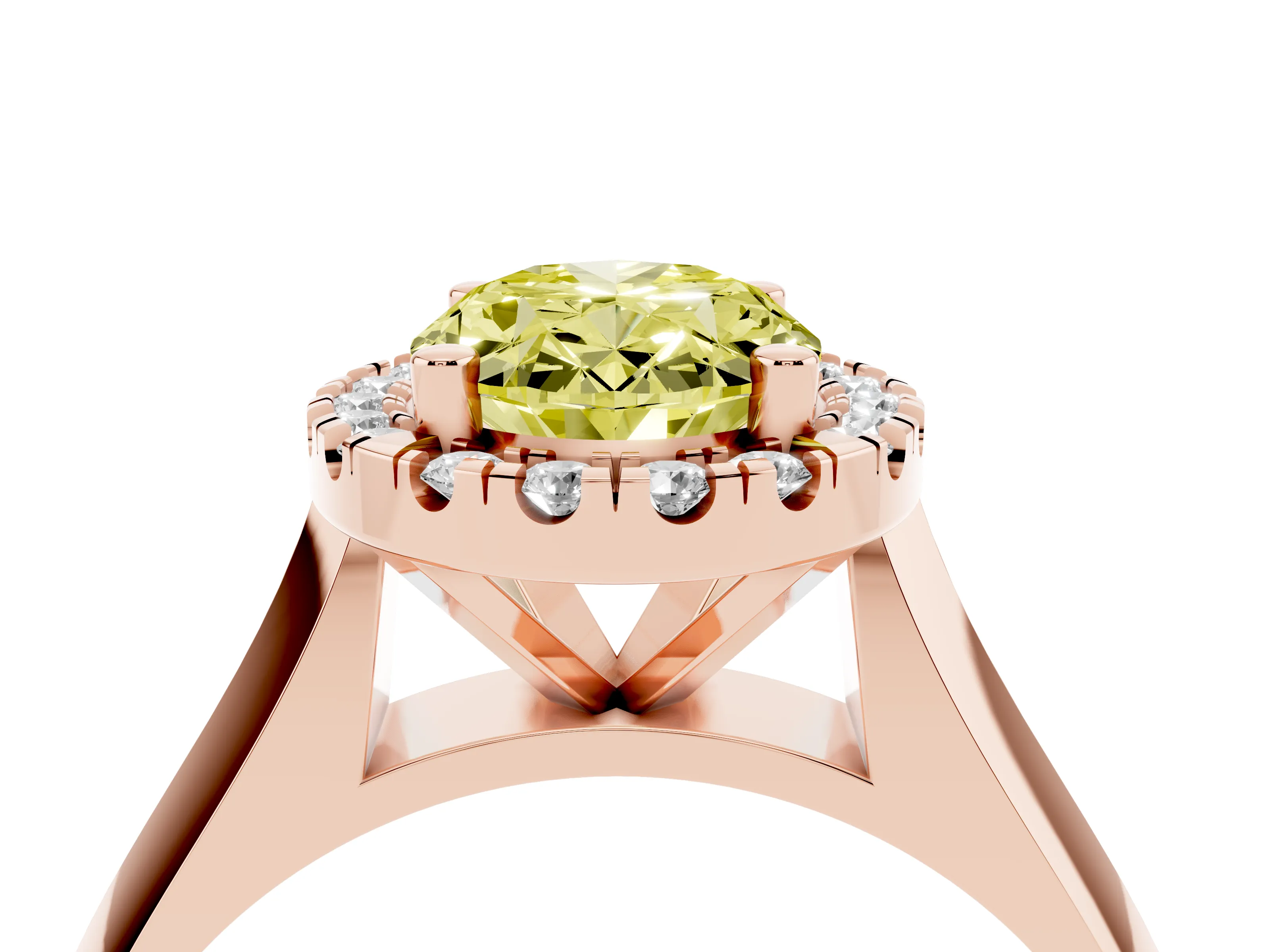 Fancy Yellow Oval Cut Diamond Halo Solitaire Engagement Ring Set in Rose gold with Square Band and Prong Setting
