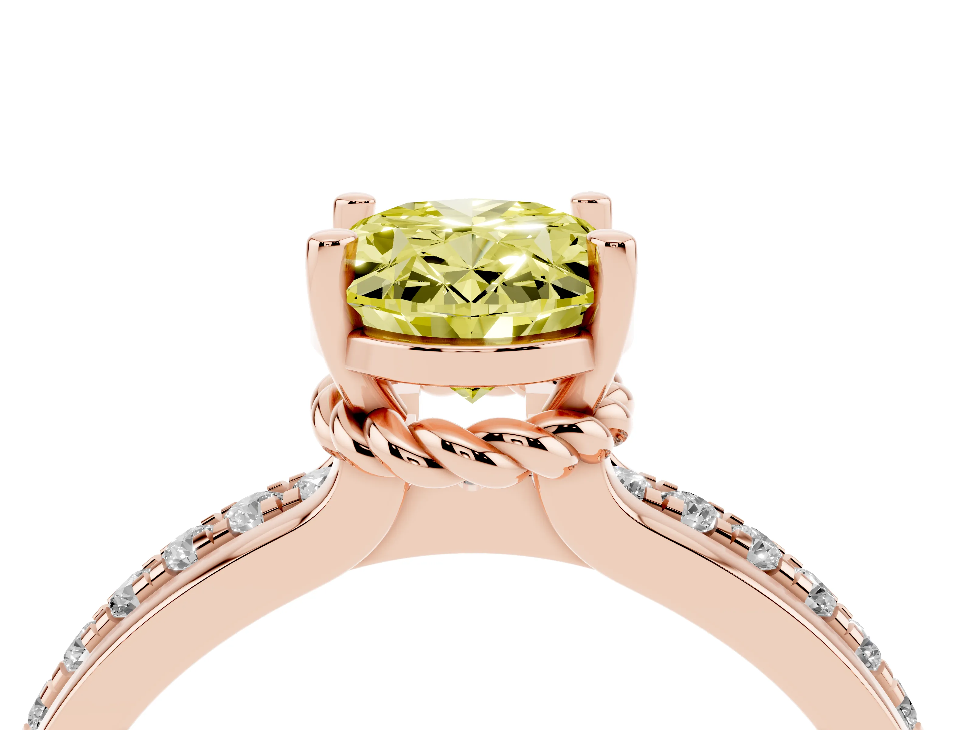 Fancy Yellow Oval Cut Diamond Solitaire Ring Set in Rose gold with Channel Set Band and Prong Setting