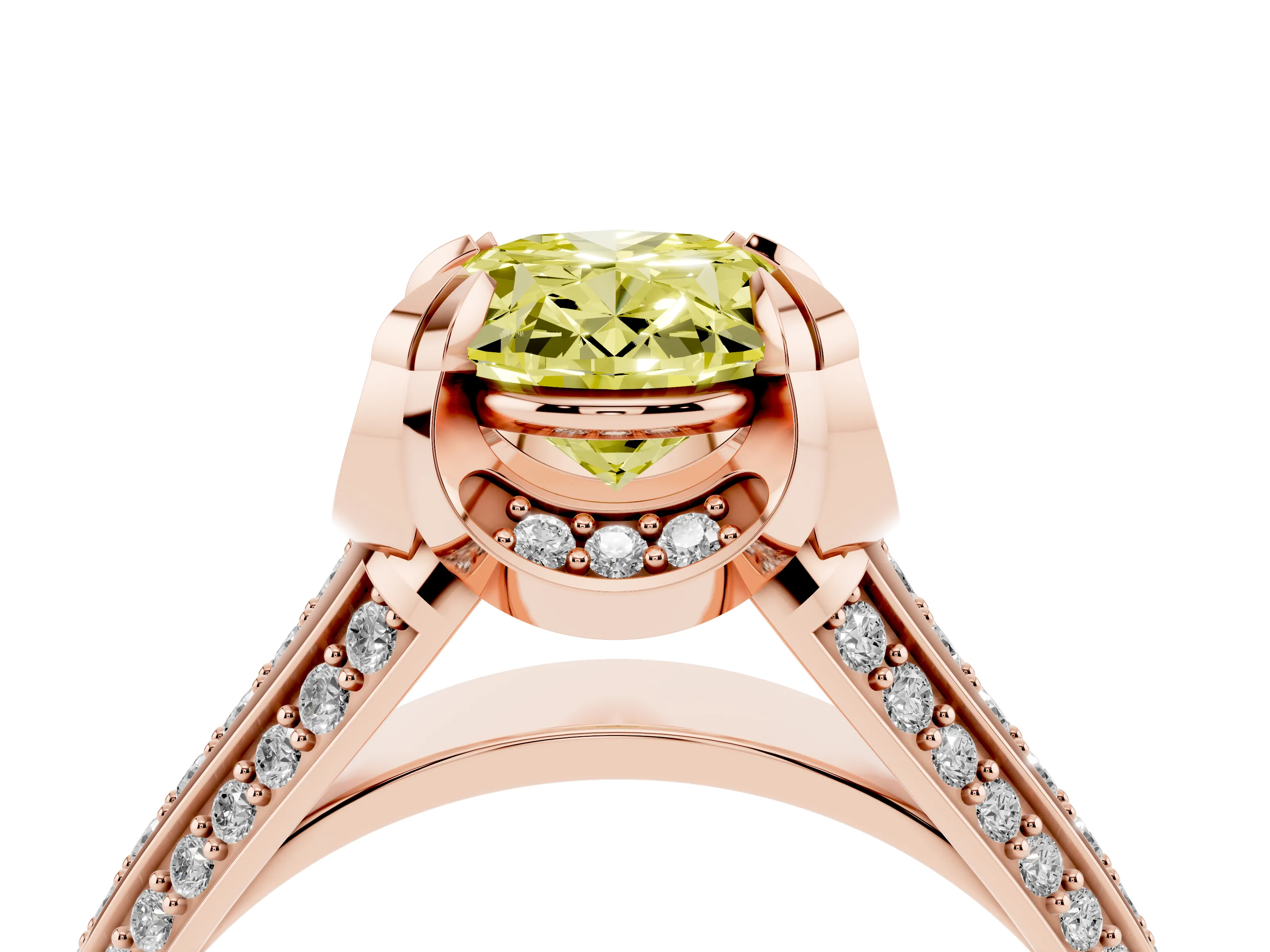 Fancy Yellow Oval Cut Diamond Pavé Split Shank Solitaire Ring Set in Rose gold with Prong Setting