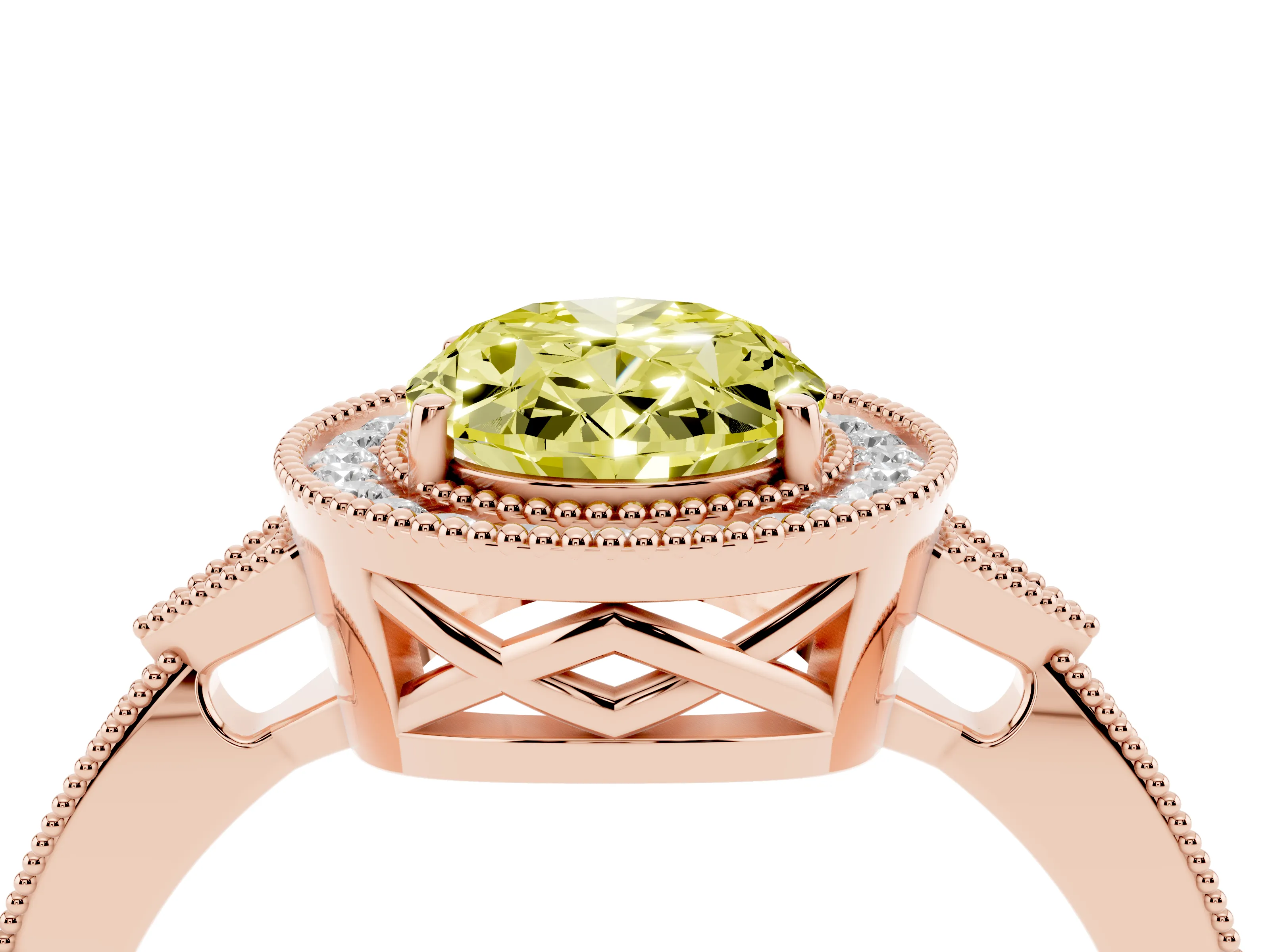 Fancy Yellow Oval Cut Diamond Halo Engagement Ring Set in Rose gold with Milgrain Pavé Band
