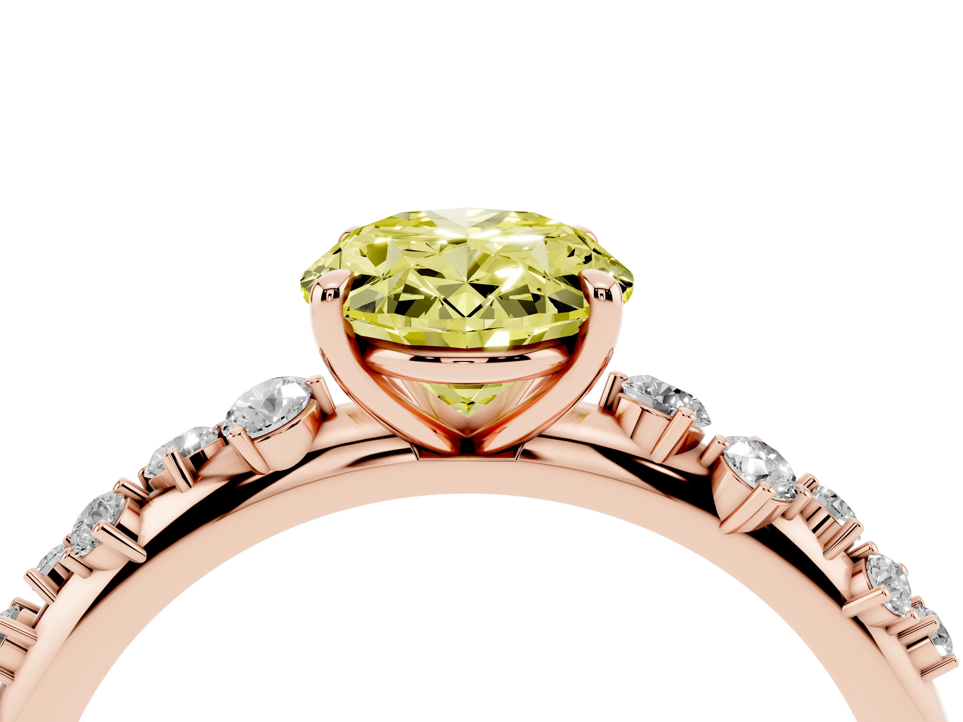 Fancy Yellow Oval Cut Diamond Cluster Solitaire Ring Set in Rose gold with Prong Setting