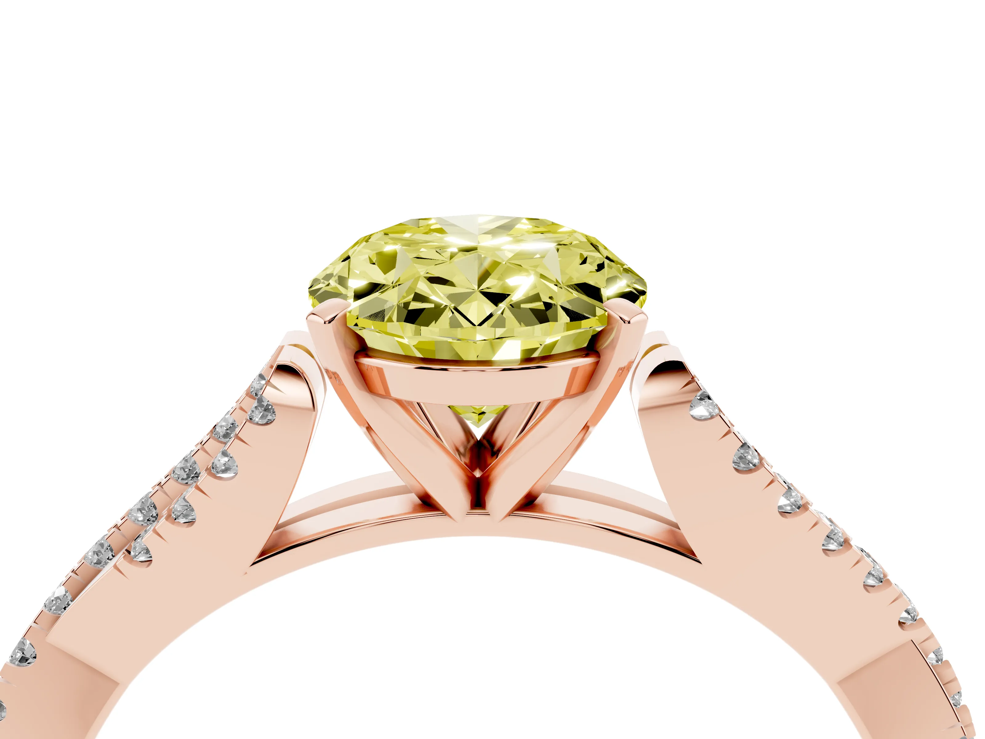 Fancy Yellow Oval Cut Diamond Solitaire Engagement Ring Set in Rose gold with Twisted Pavé Band and Prong Setting