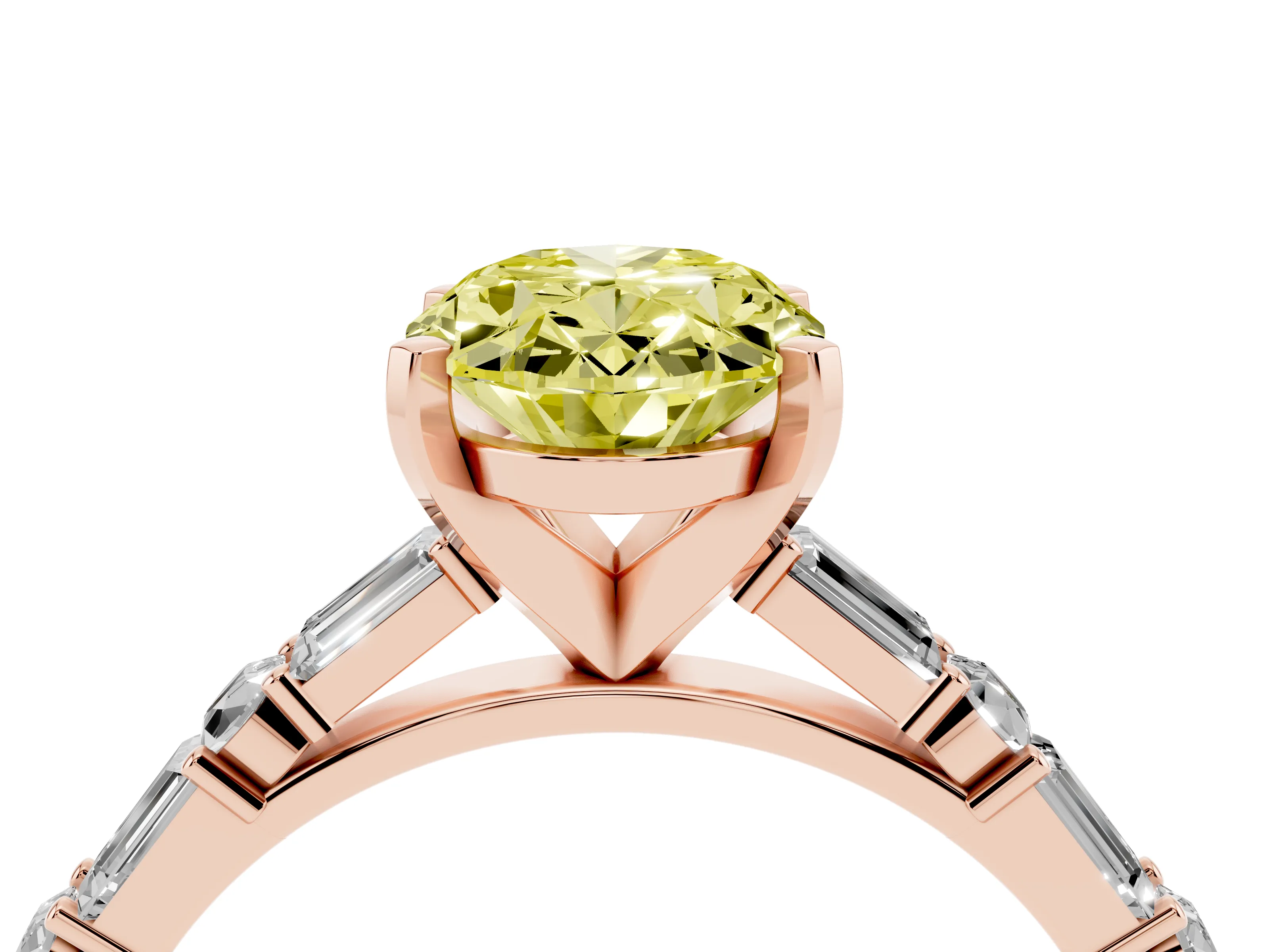 Fancy Yellow Oval Cut Diamond Solitaire Set in Rose gold with Side Baguettes and Channel Set Band