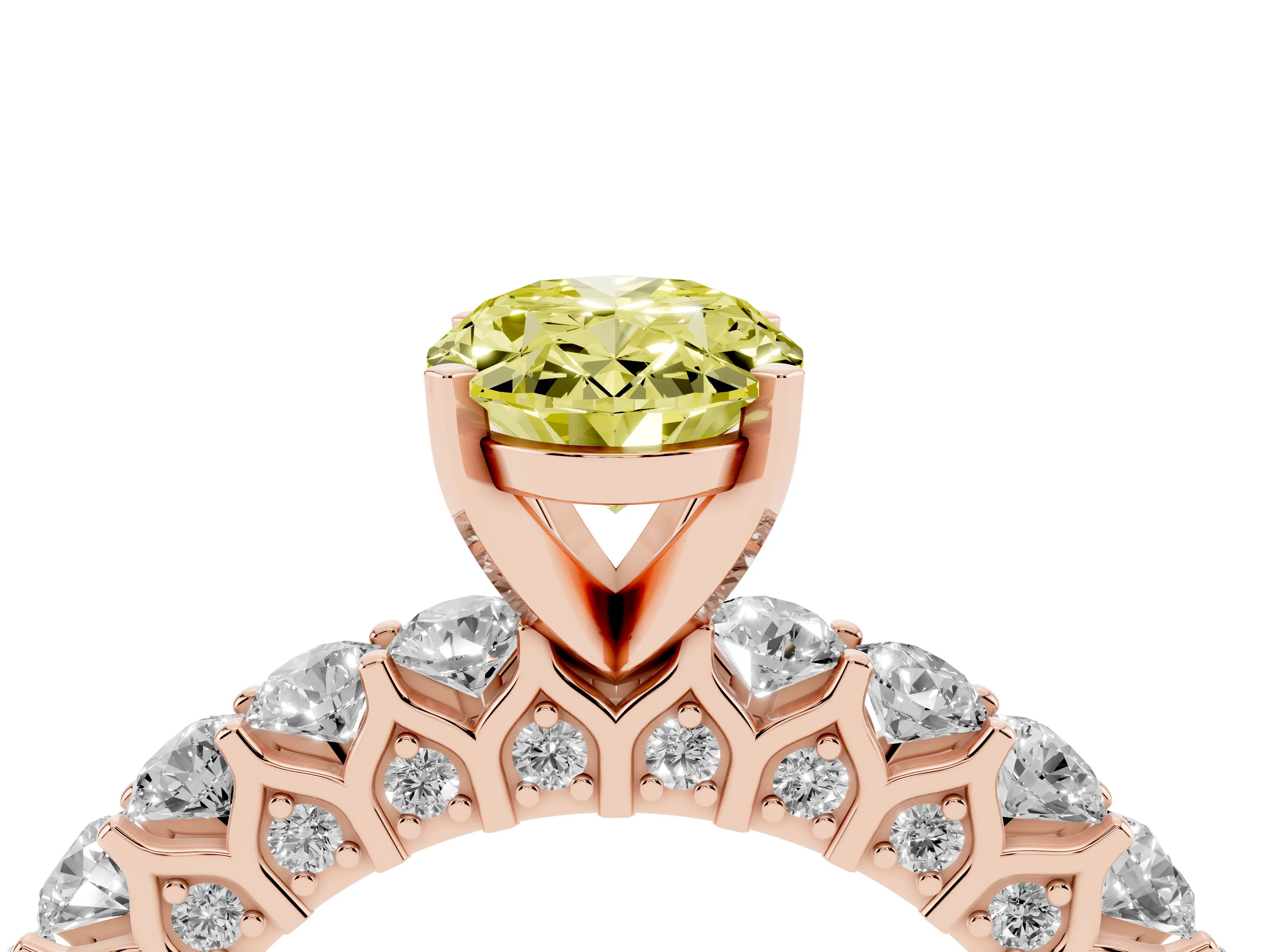 Fancy Yellow Oval Cut Diamond Solitaire Ring Set in Rose gold with Shared Prong Pavé Band