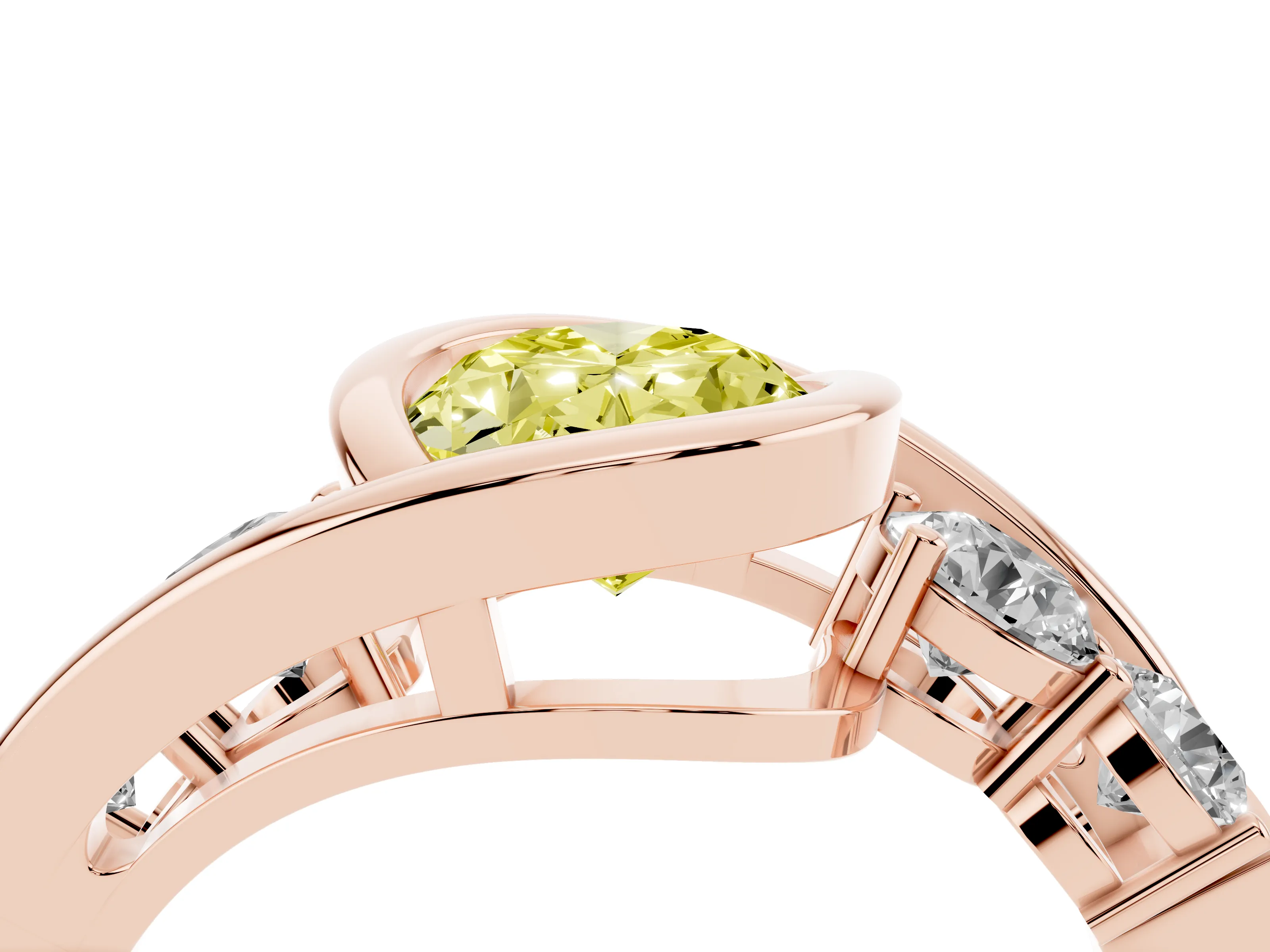 Fancy Yellow Oval Cut Diamond Bezel Bypass Ring Set in Rose gold with Round Accents