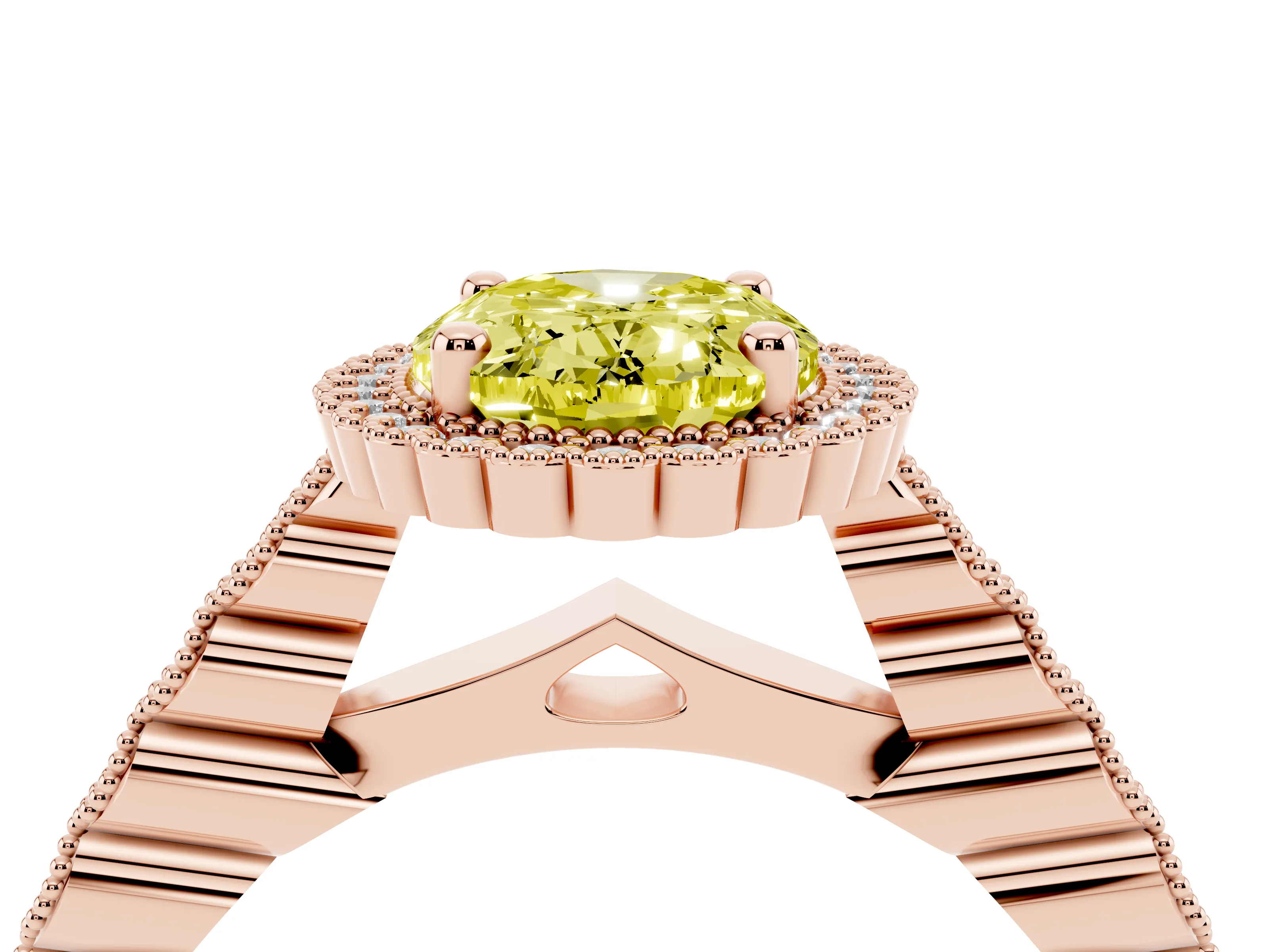 Fancy Yellow Oval Cut Diamond Halo Ring Set in Rose gold with Pavé Milgrain Band