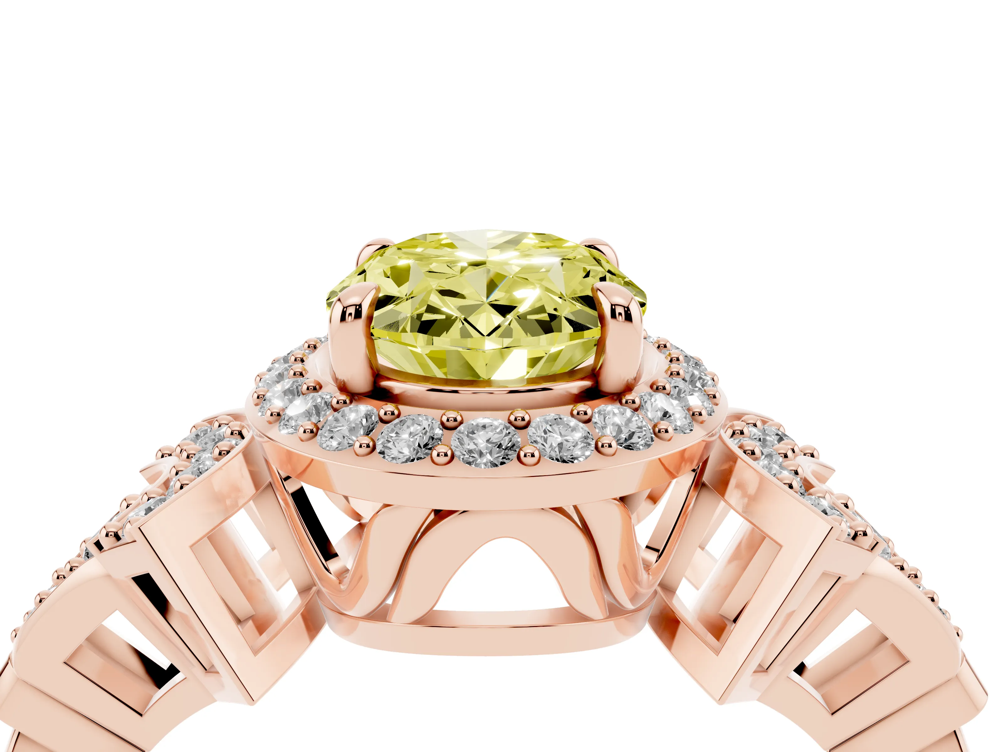 Fancy Yellow Oval Cut Diamond Halo Engagement Ring Set in Rose gold with Accent Stone Split Shank