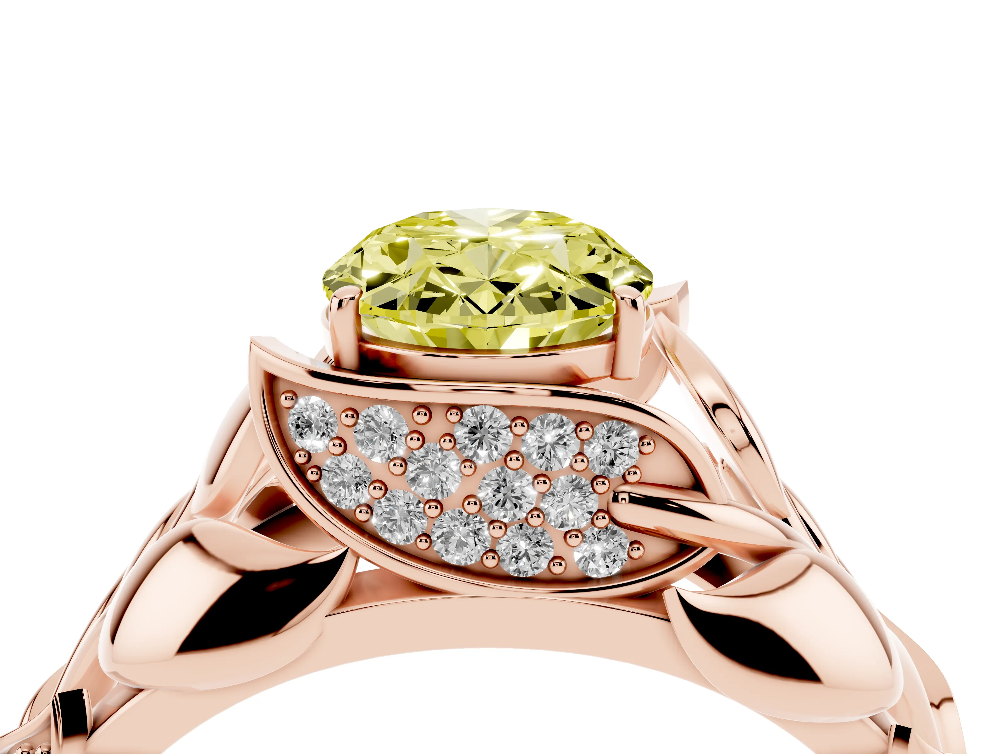 Fancy Yellow Oval Cut Diamond Leaf-Inspired Engagement Ring Set in Rose gold with Round Accents