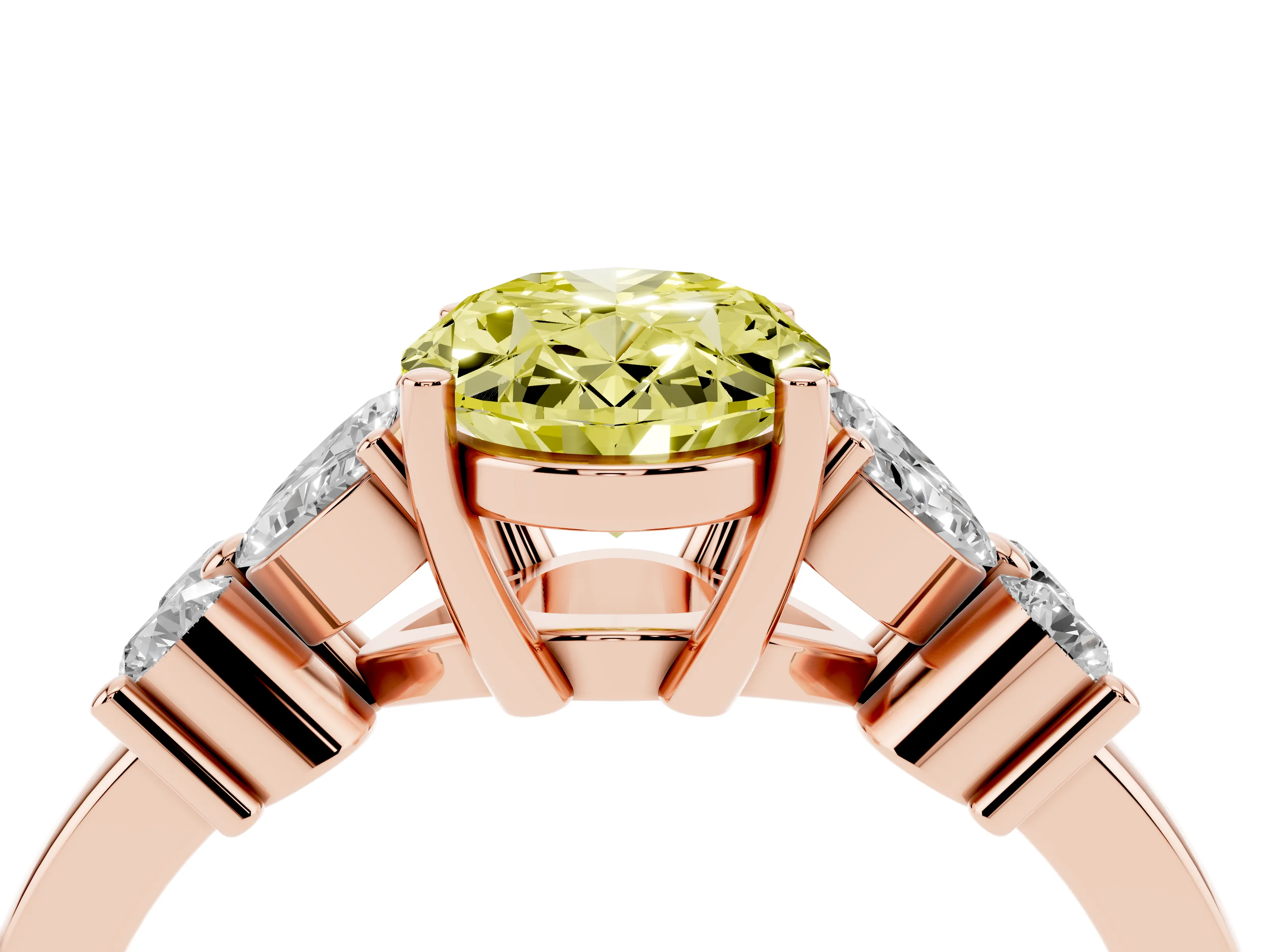 Fancy Yellow Oval Cut Diamond Floral Cluster Ring Set in Rose gold with Marquise Petals and Prong Setting