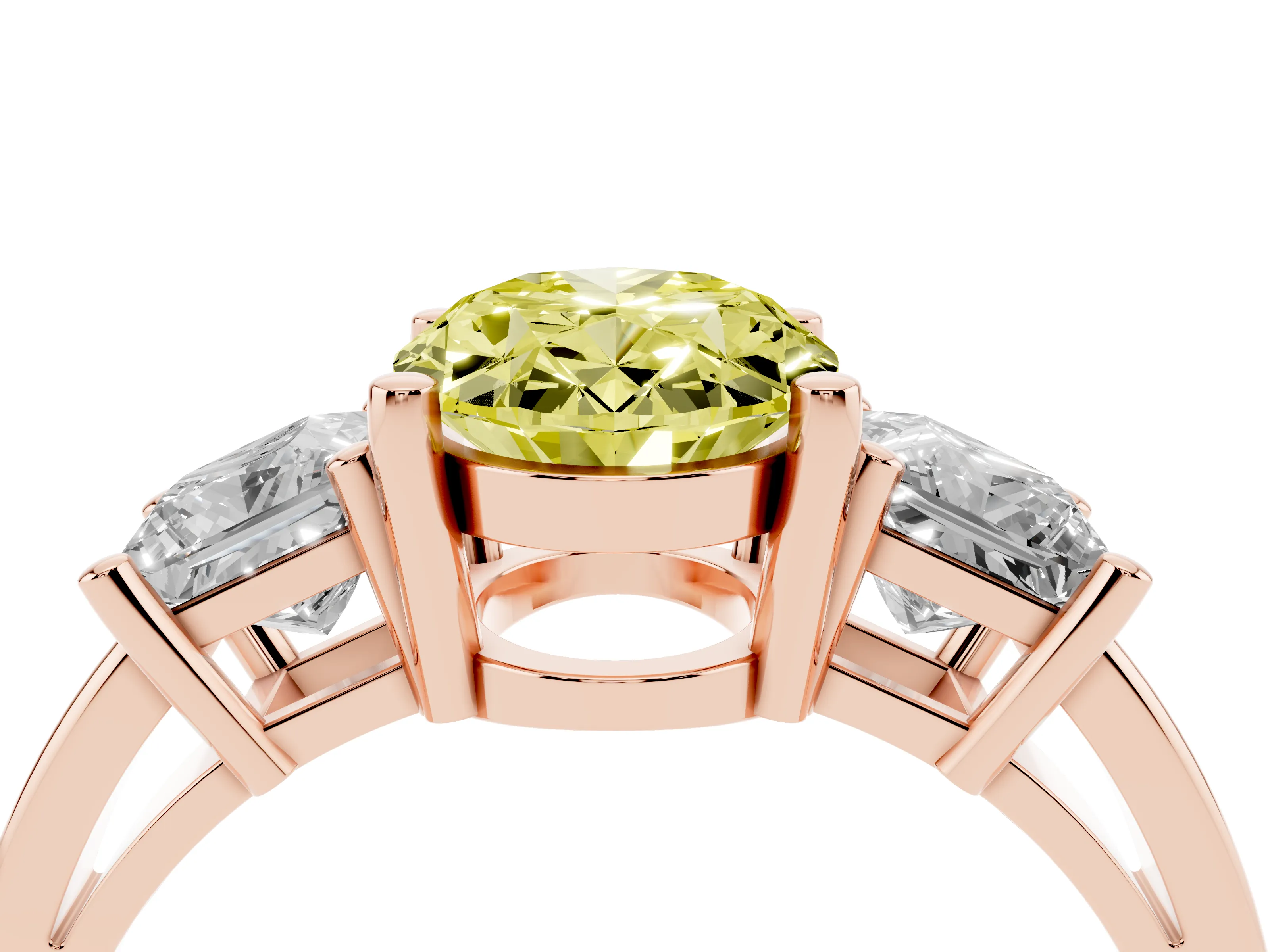 Fancy Yellow Three-Stone Oval Cut Diamond Solitaire Ring Set in Rose gold with Prong Setting