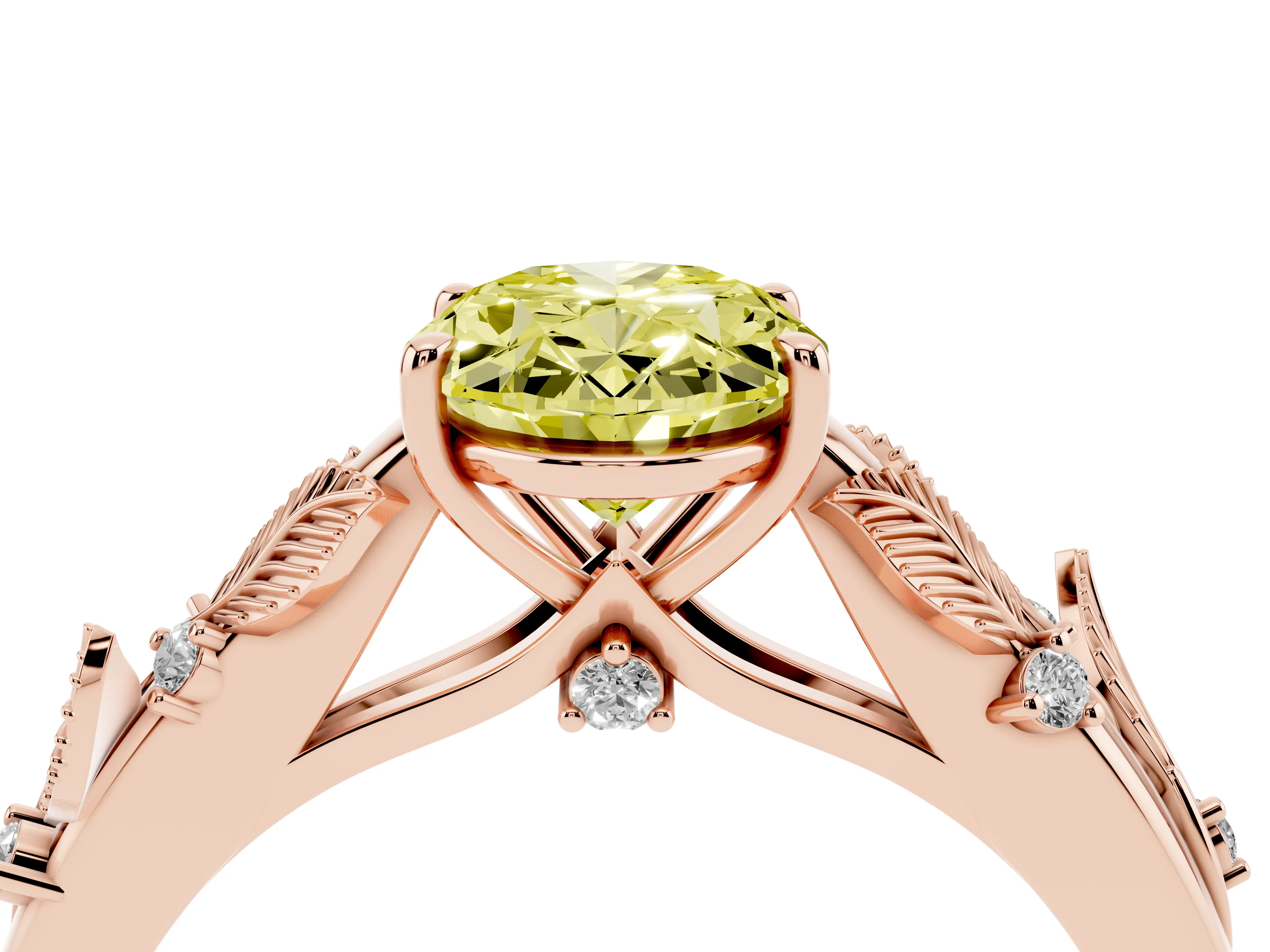 Fancy Yellow Oval Cut Diamond Solitaire Ring Set in Rose gold with Leaf Motif Band