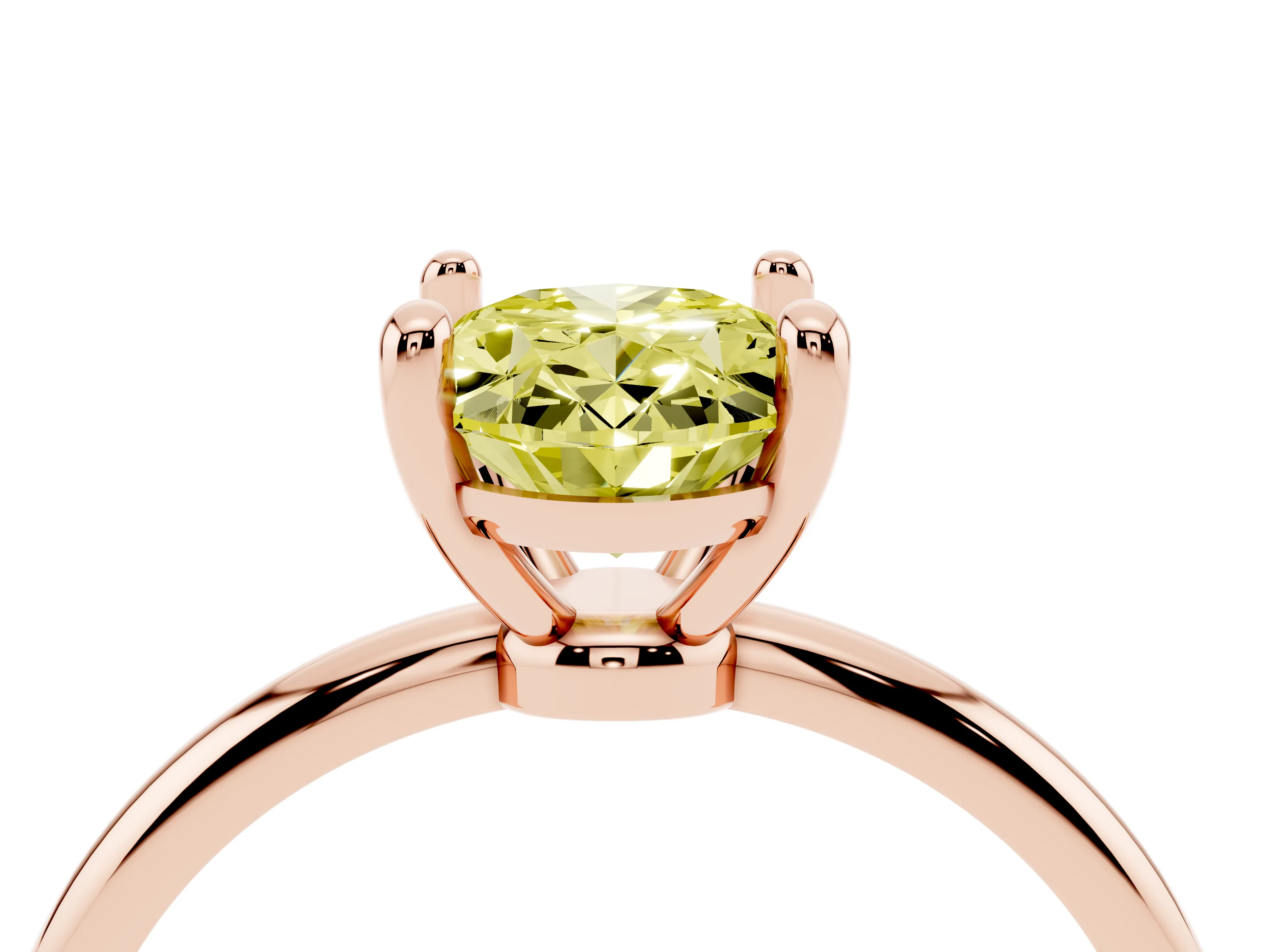 Fancy Yellow Oval Cut Diamond Solitaire Ring Set in Rose gold with Secure Prong Setting on a Classic Band
