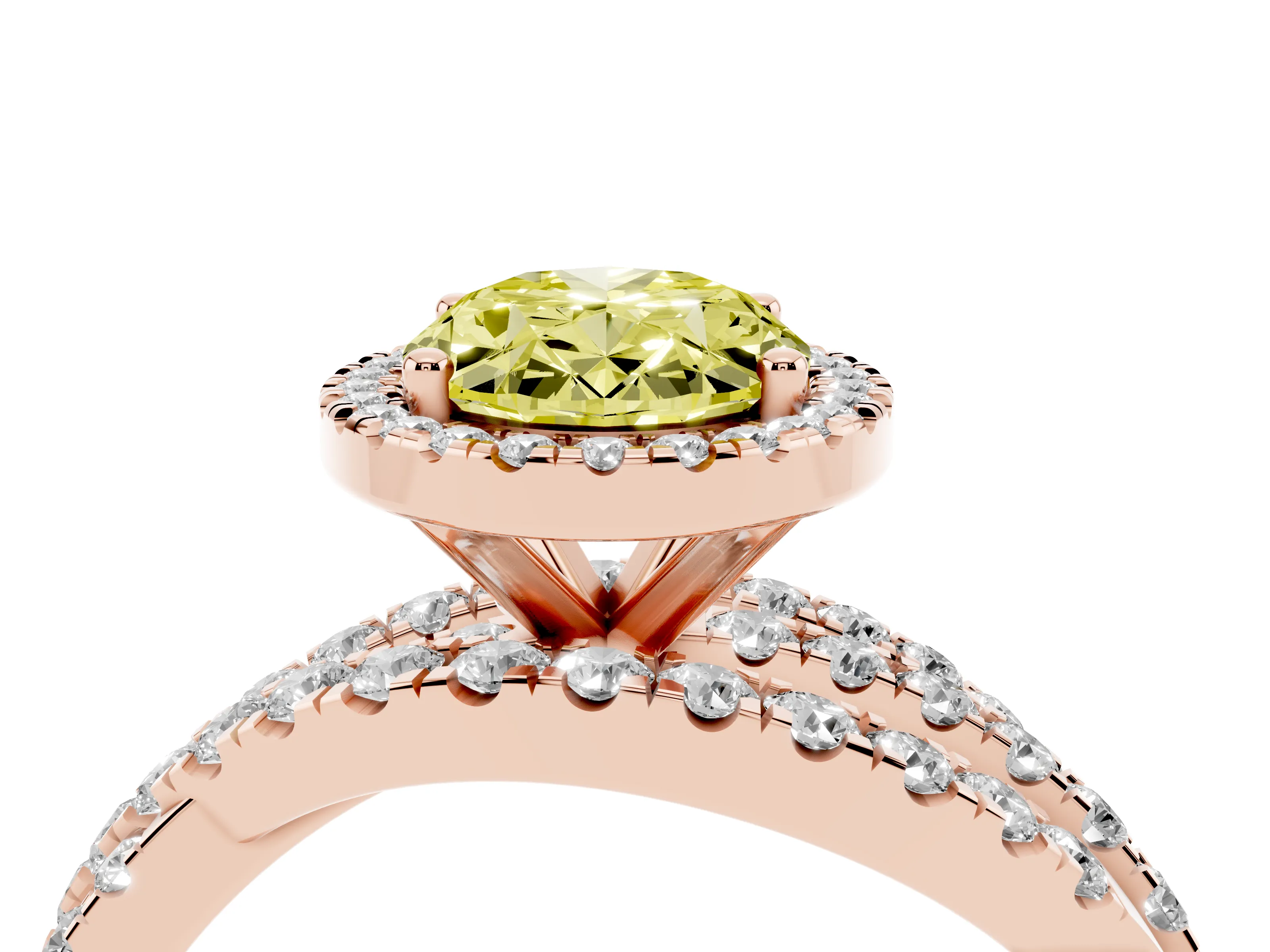Fancy Yellow Oval Cut Diamond Halo Ring Set in Rose gold with Round Crossover Split Shank and Prong Setting
