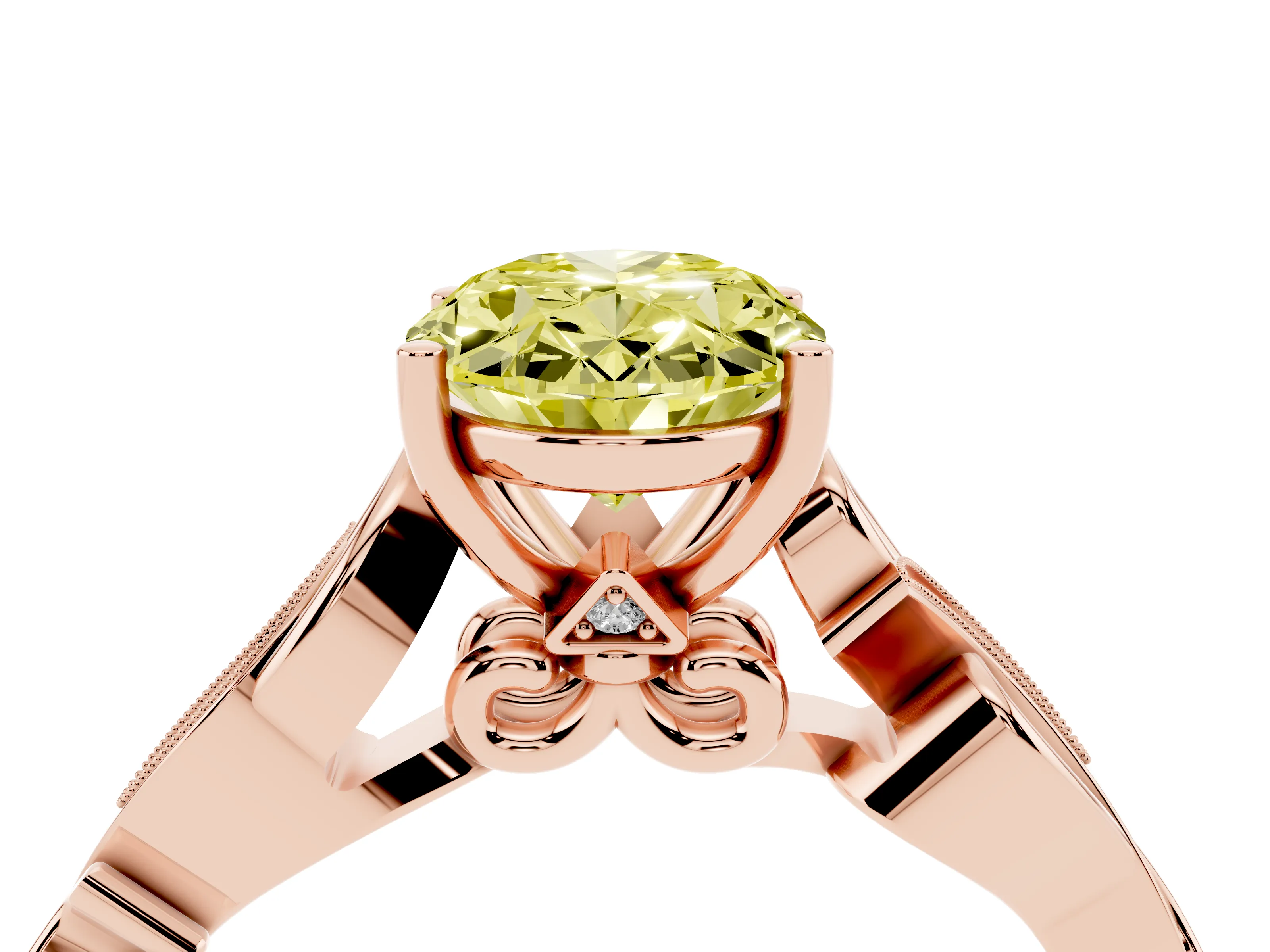 Fancy Yellow Oval Cut Diamond Vine Band Solitaire Ring Set in Rose gold with Milgrain Prong Setting