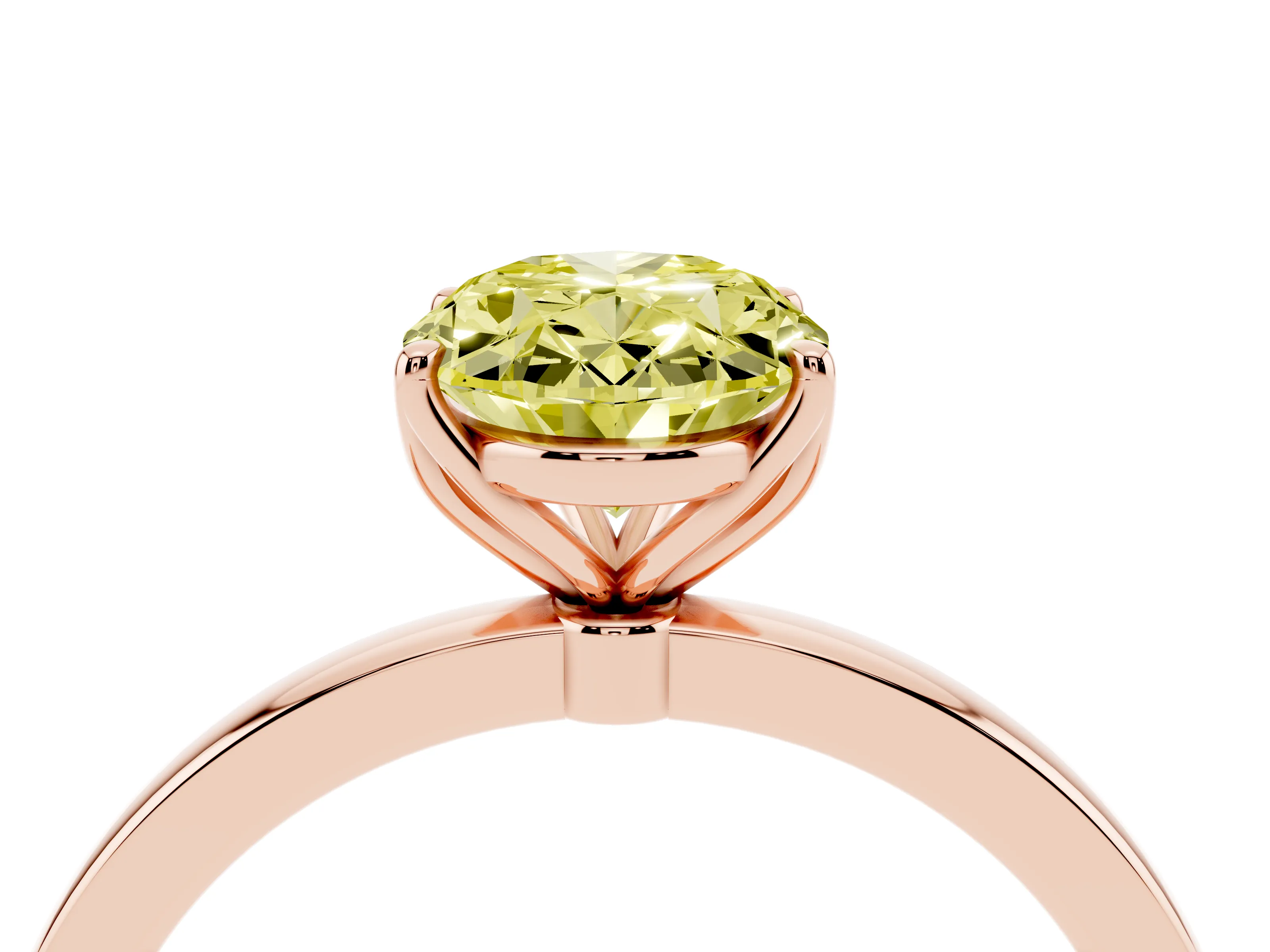 Fancy Yellow Oval Cut Diamond Solitaire Ring Set in Rose gold with Prong Setting and Thin Polished Band