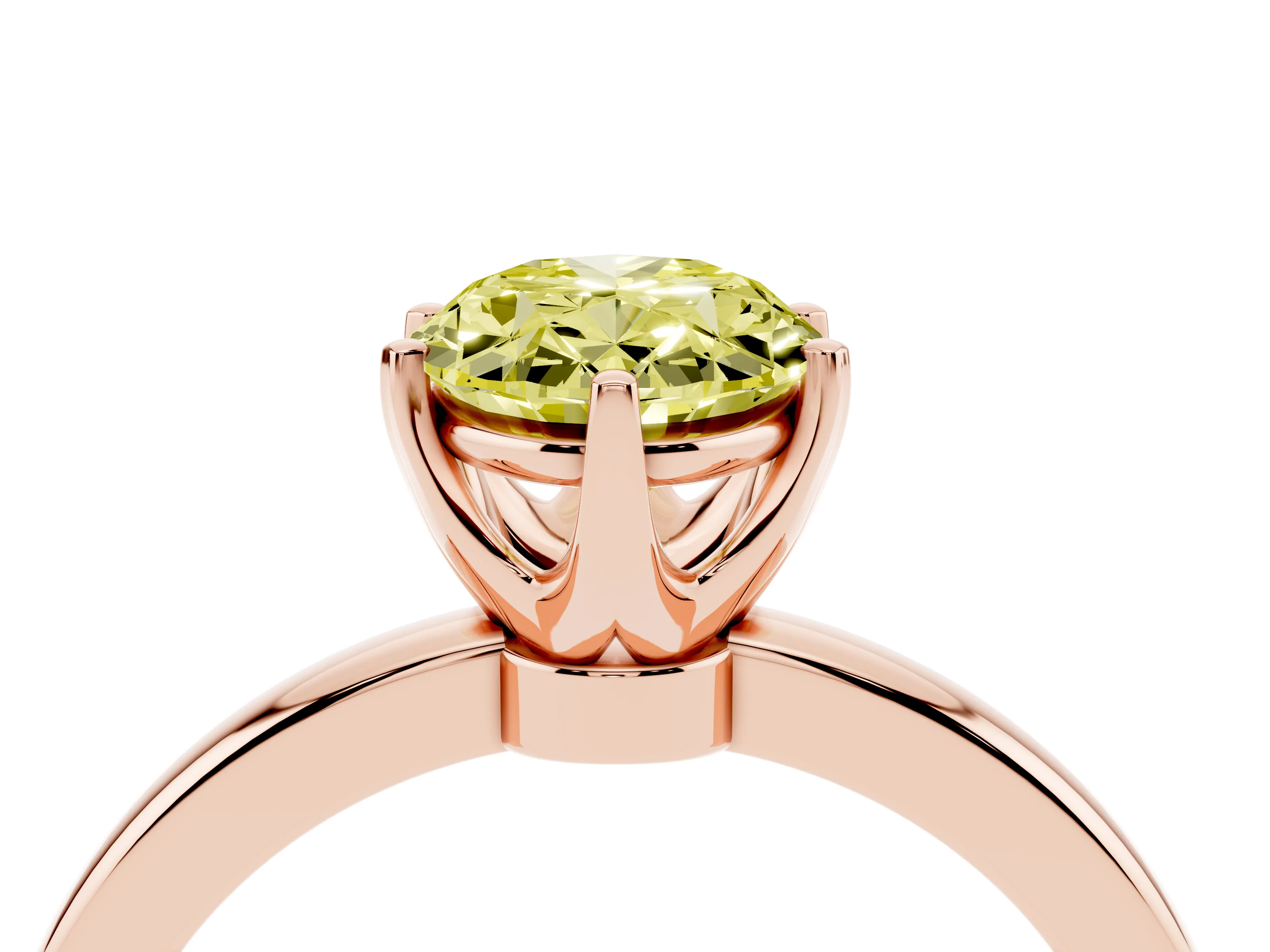 Fancy Yellow Oval Cut Diamond Solitaire Ring Set in Rose gold with Raised Prong Setting on a Classic Band
