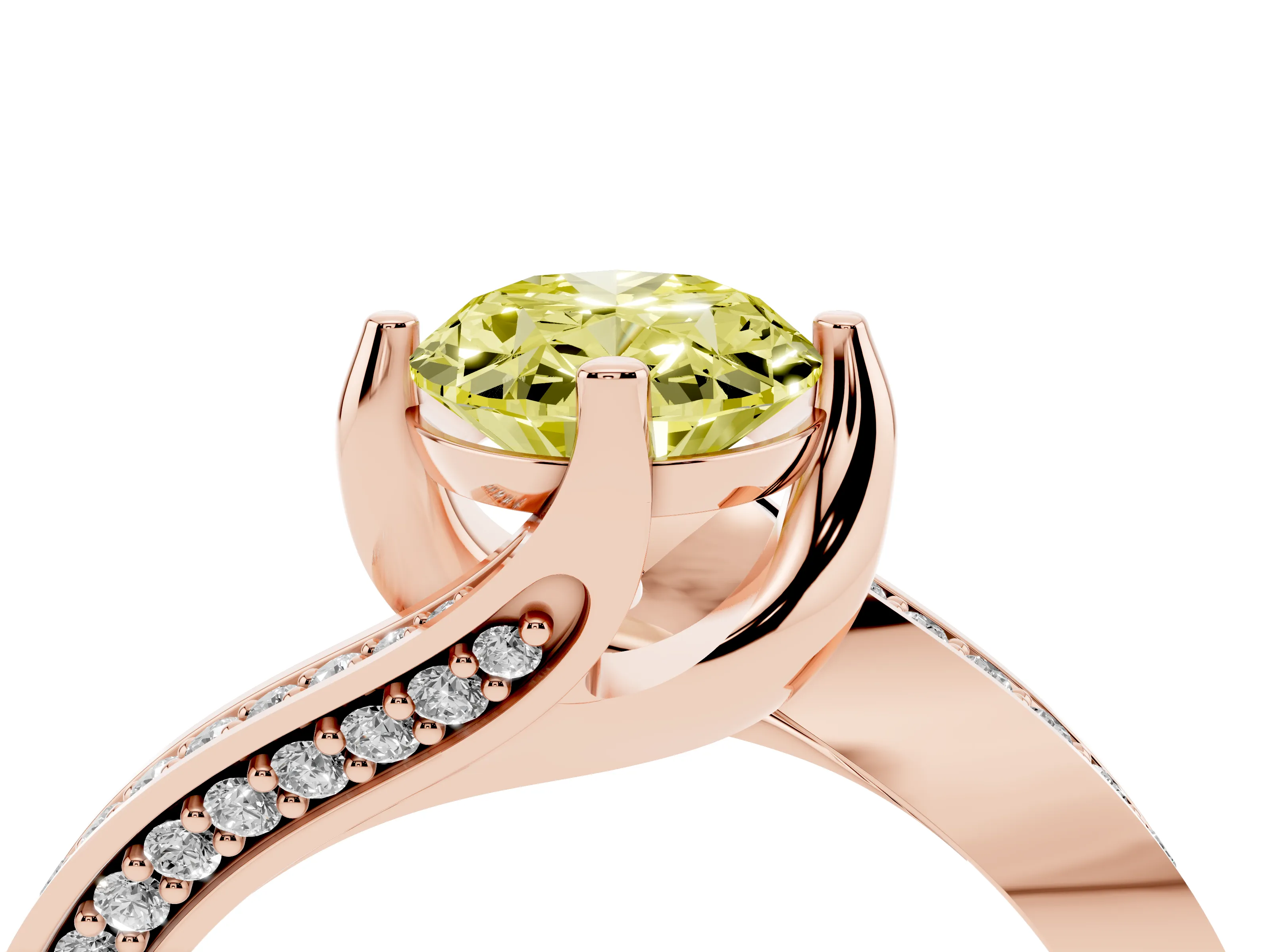 Fancy Yellow Oval Cut Diamond Solitaire Ring Set in Rose gold with Intertwined Pavé Twist Band