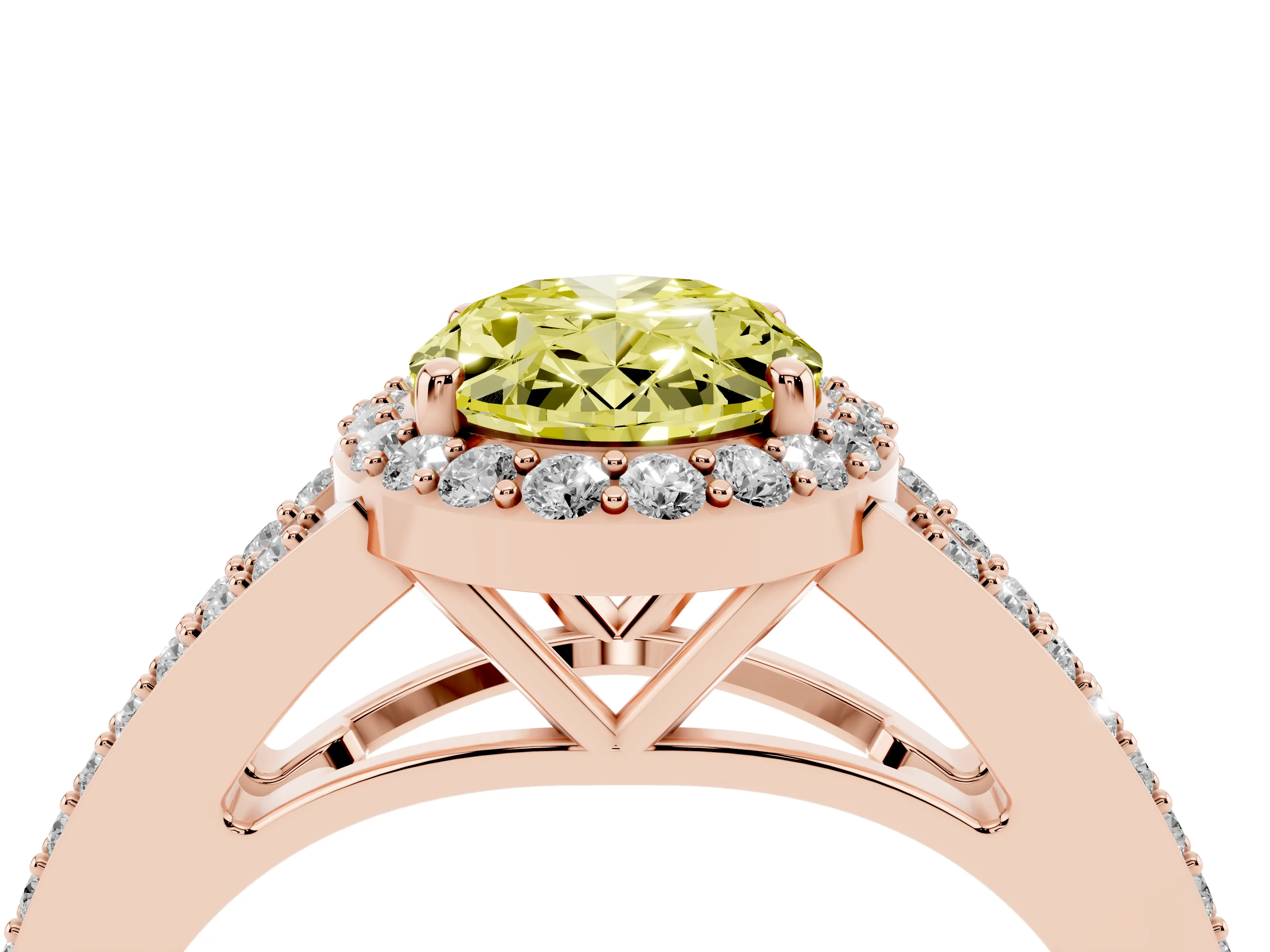 Fancy Yellow Oval Cut Diamond Halo Split Shank Ring Set in Rose gold with Accent Stones and Prong Setting