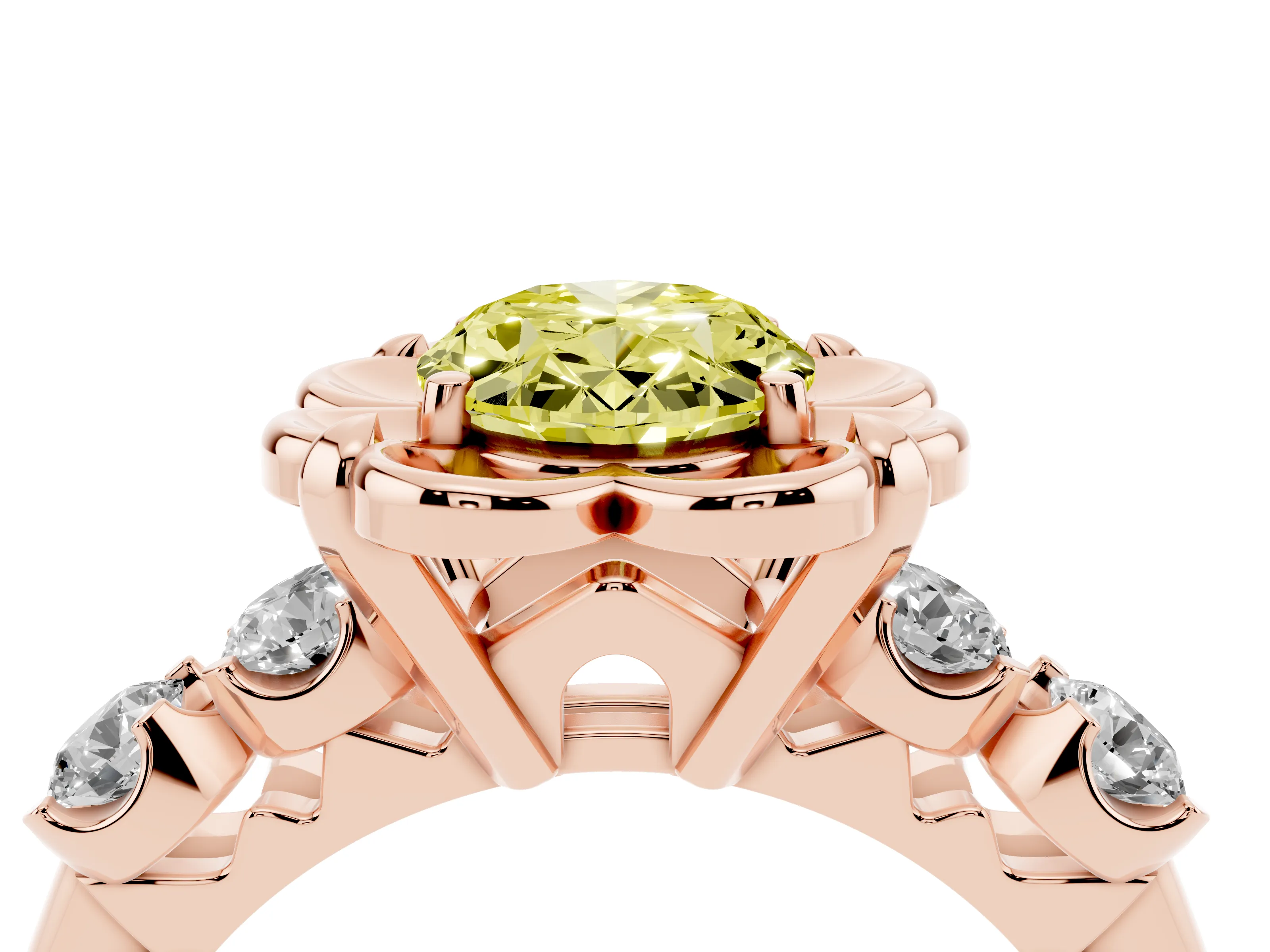 Fancy Yellow Oval Cut Diamond Floral Halo Ring Set in Rose gold with Shared Prong Band