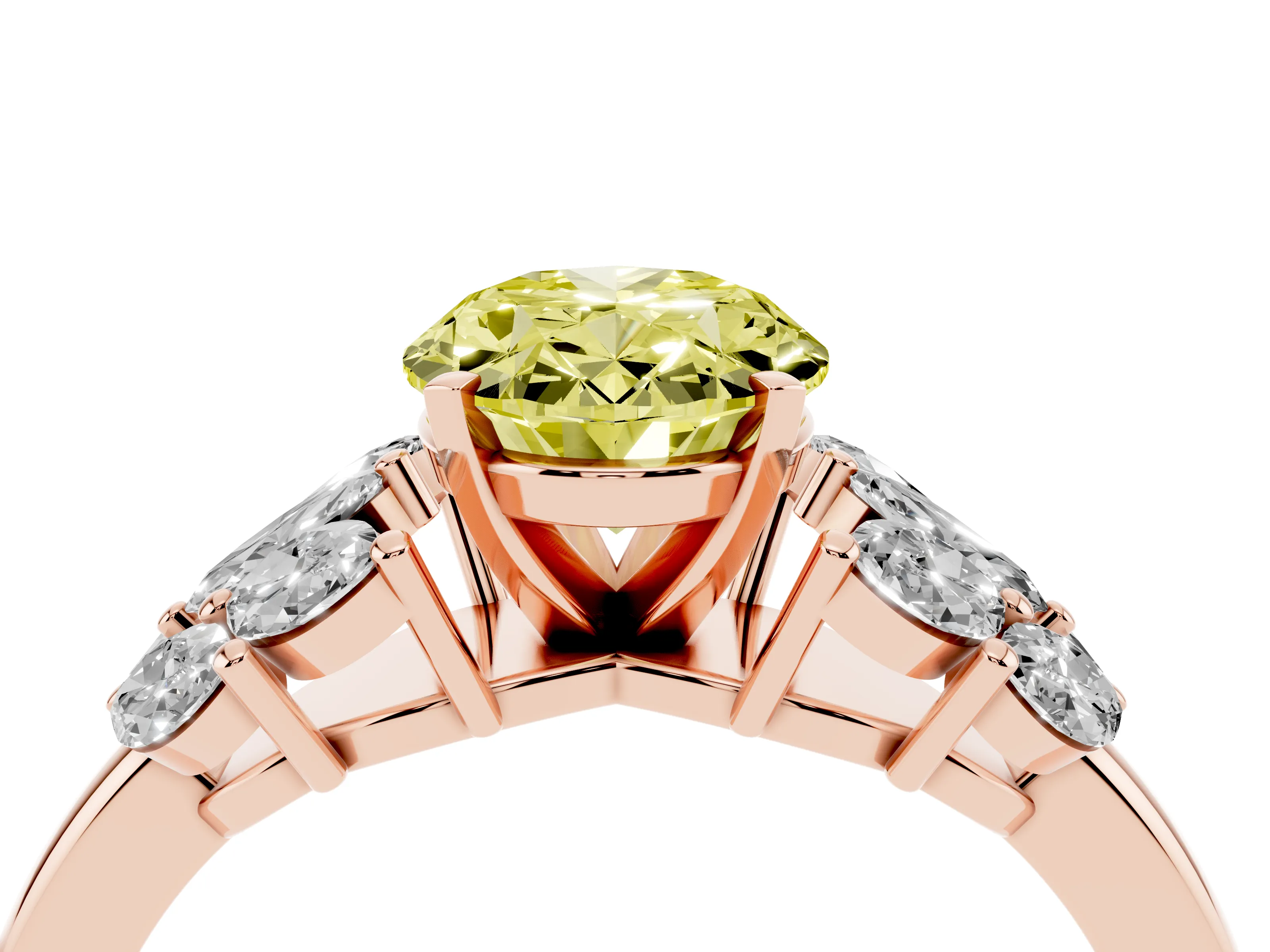 Fancy Yellow Oval Cut Diamond Cluster Leaf Design Ring Set in Rose gold with Prong Setting