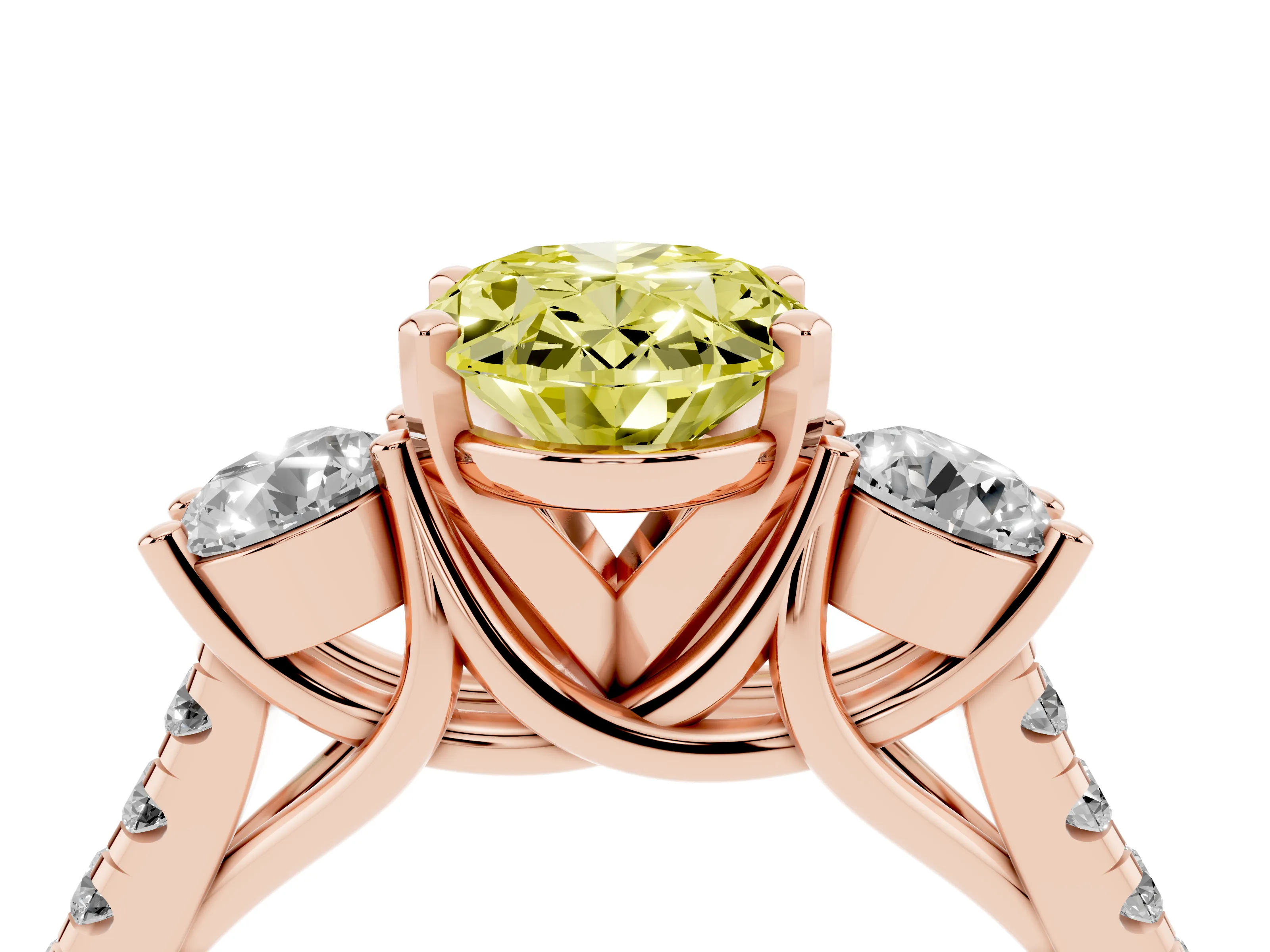 Fancy Yellow Three-Stone Oval Cut Diamond Pavé Band Ring Set in Rose gold with Prong-Set Trio