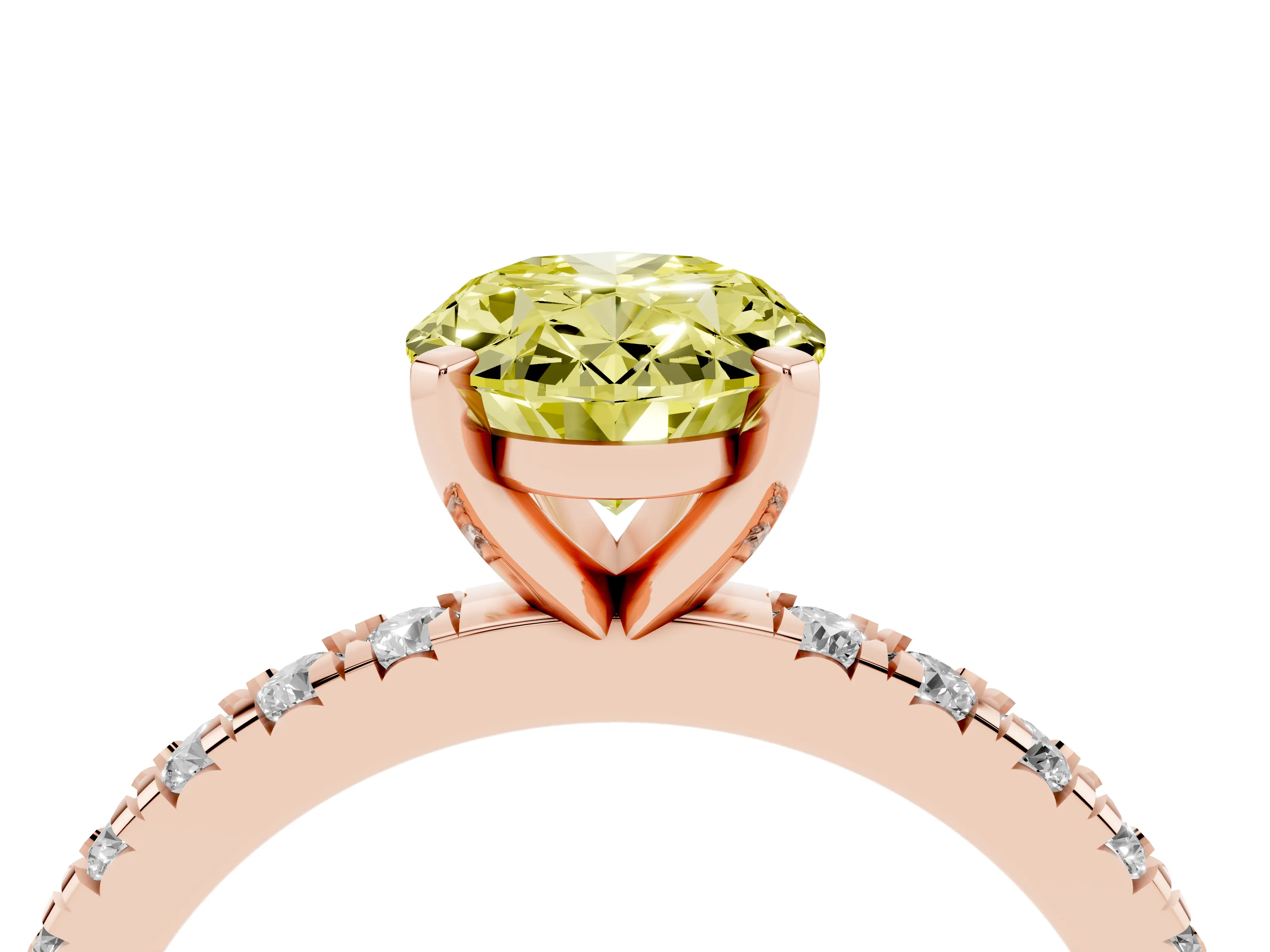 Fancy Yellow Oval Cut Diamond Pavé Band Solitaire Set in Rose gold with Prong Setting