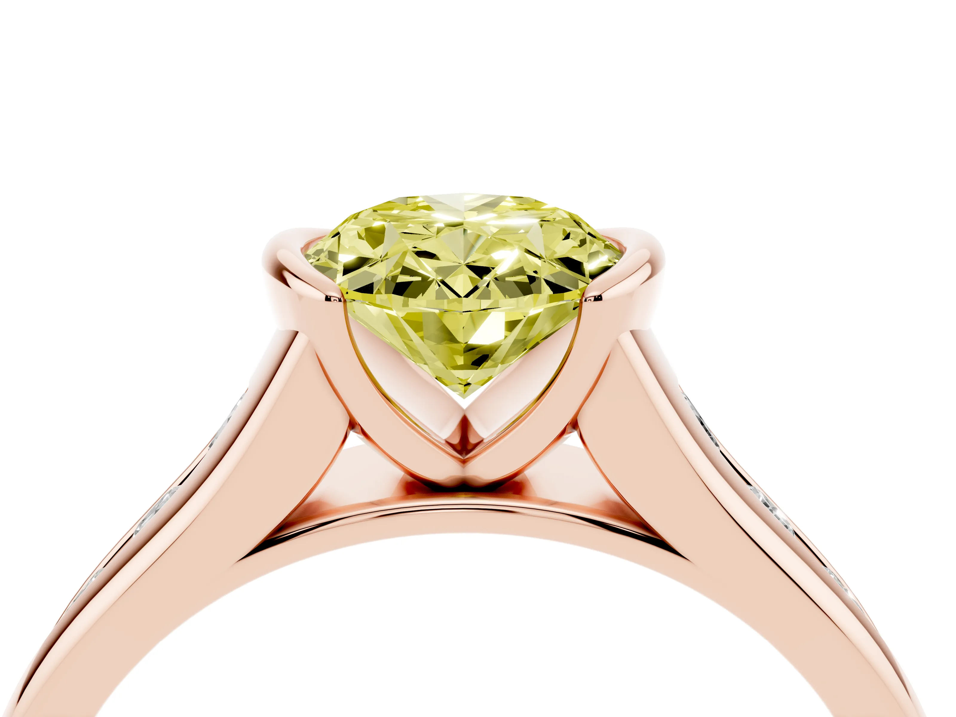 Fancy Yellow Oval Cut Diamond Bezel-Set Solitaire Ring Set in Rose gold with Channel-Set Band