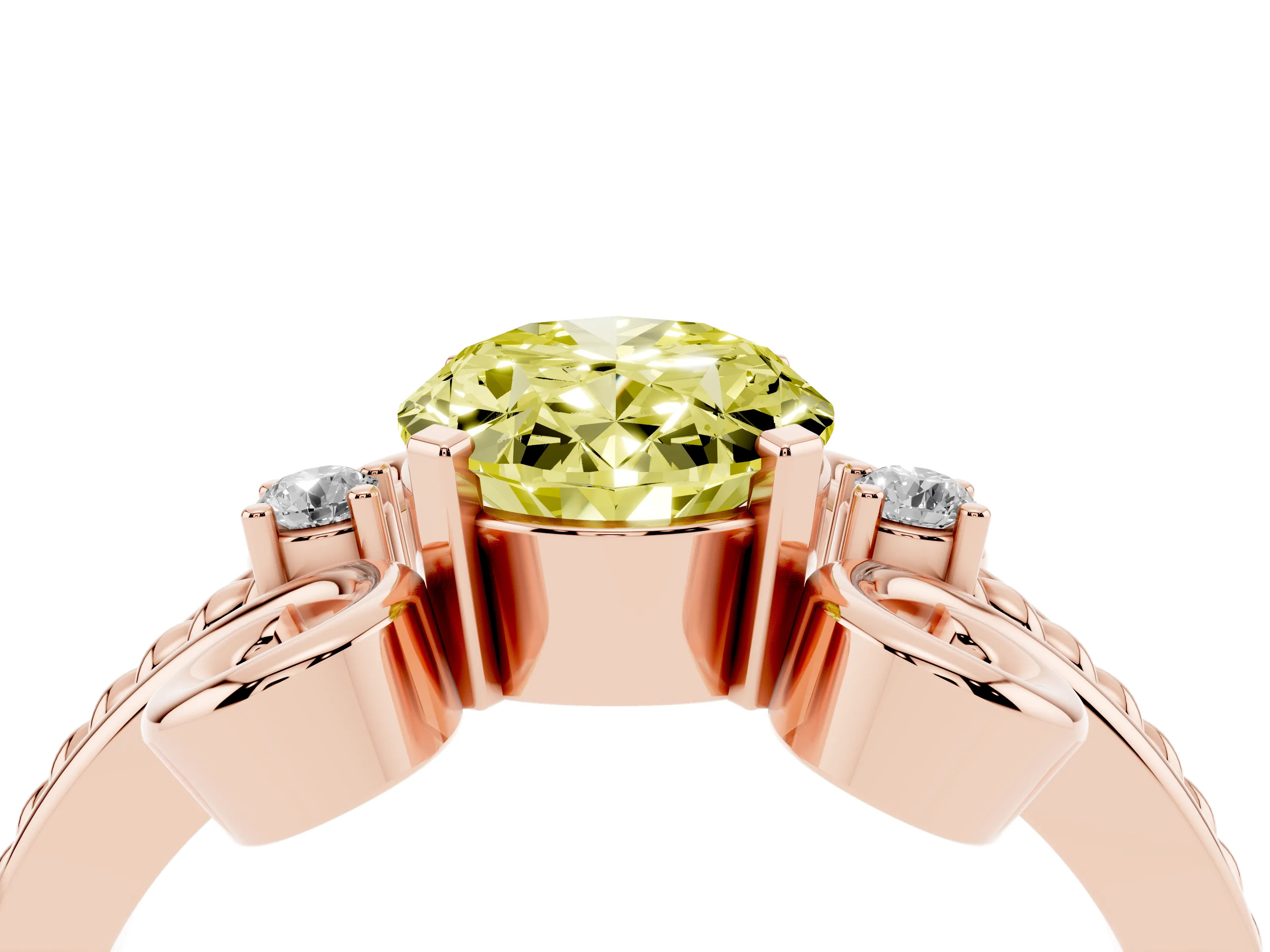Fancy Yellow Oval Cut Diamond Twisted Band Solitaire Ring Set in Rose gold with Scroll Prongs
