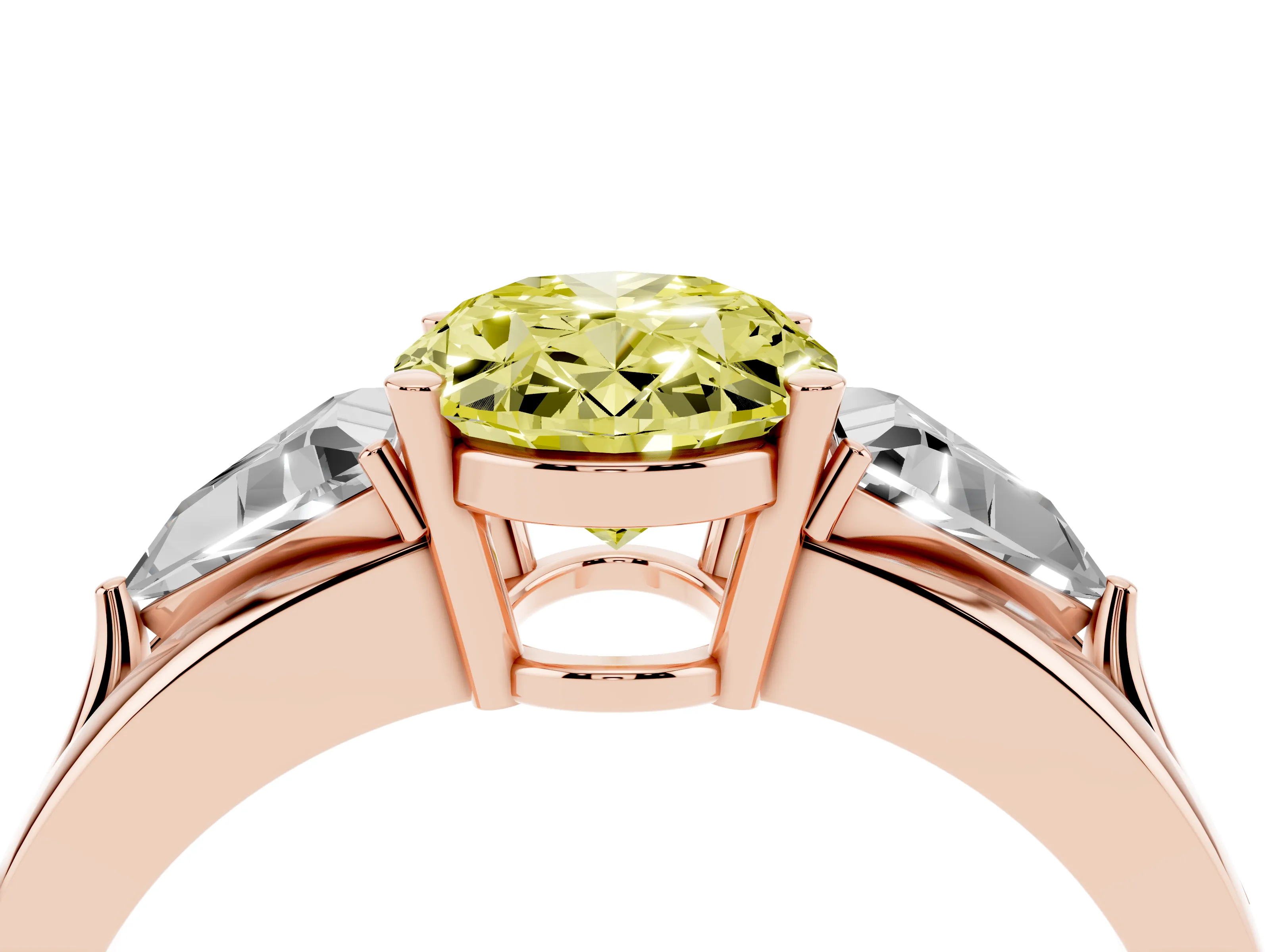 Fancy Yellow Oval Cut Diamond Three-Stone Ring Set in Rose gold with Trillion Side Stones and Split Shank