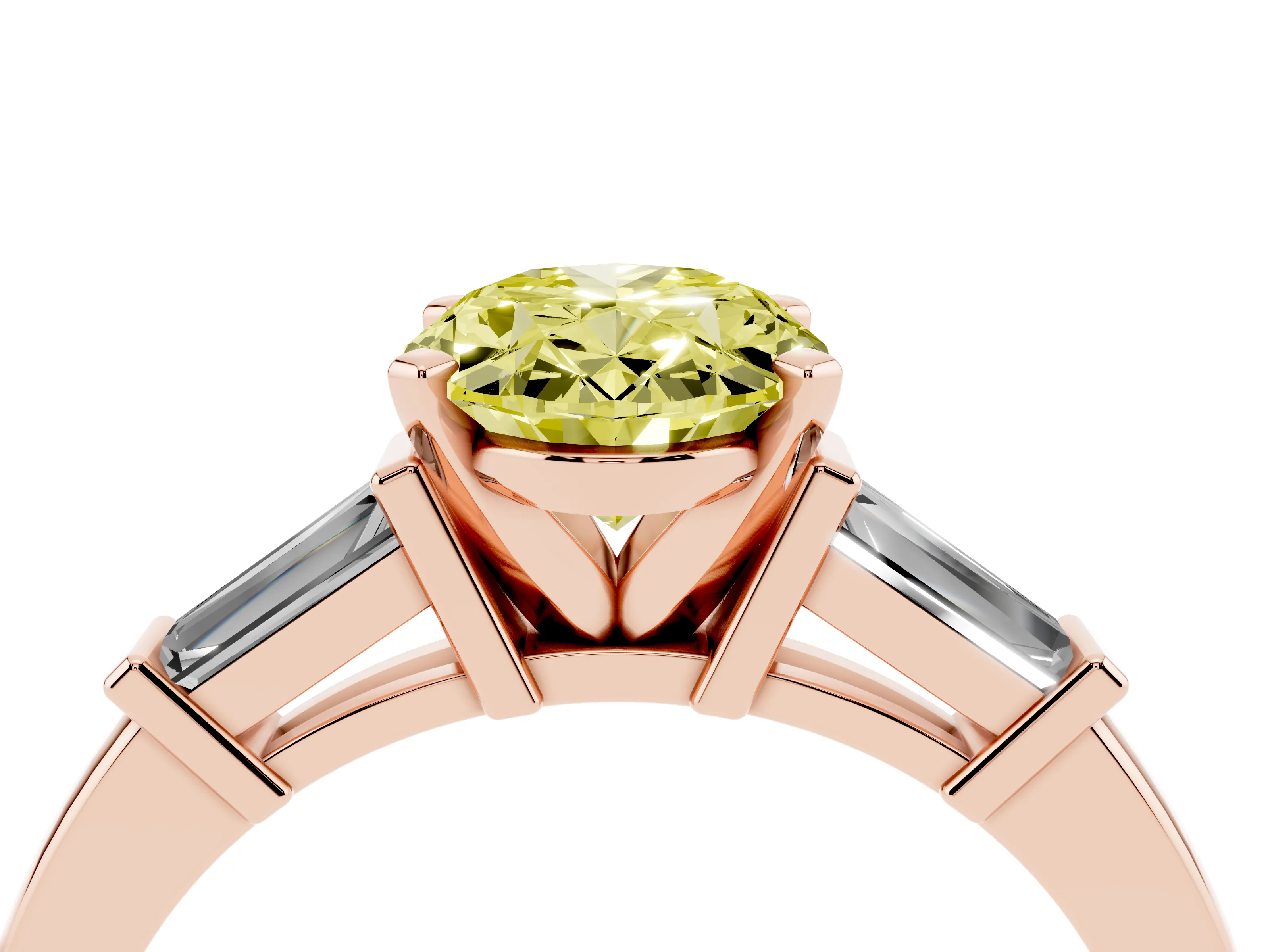 Fancy Yellow Oval Cut Diamond Solitaire Ring Set in Rose gold with Tapered Baguette Accents and Prong Setting