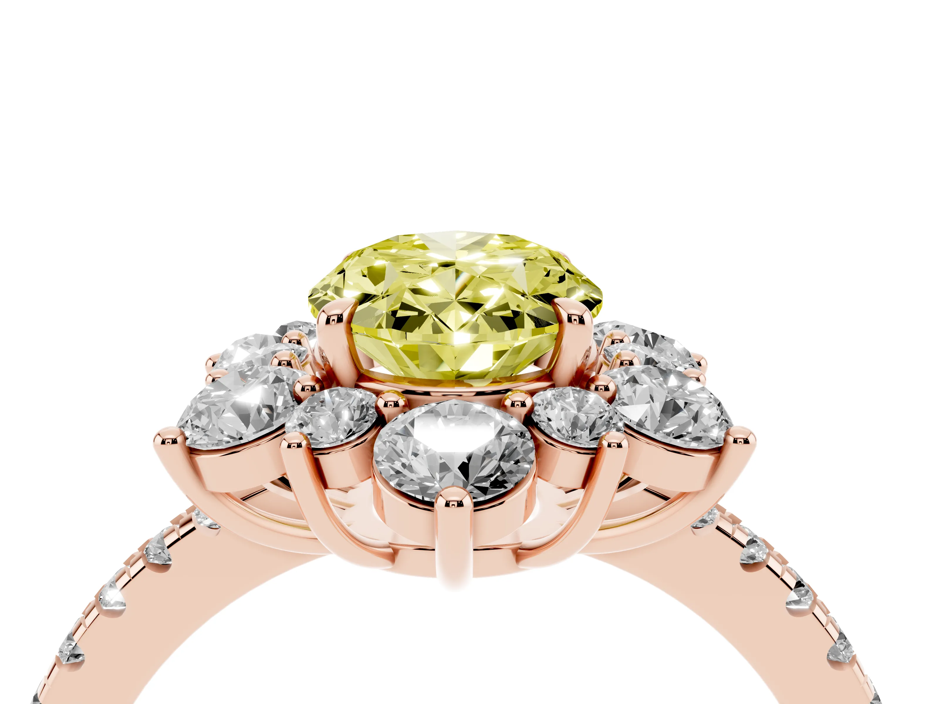 Fancy Yellow Oval Cut Diamond Floral Halo Ring Set in Rose gold with Round Pavé Band and Prong Setting