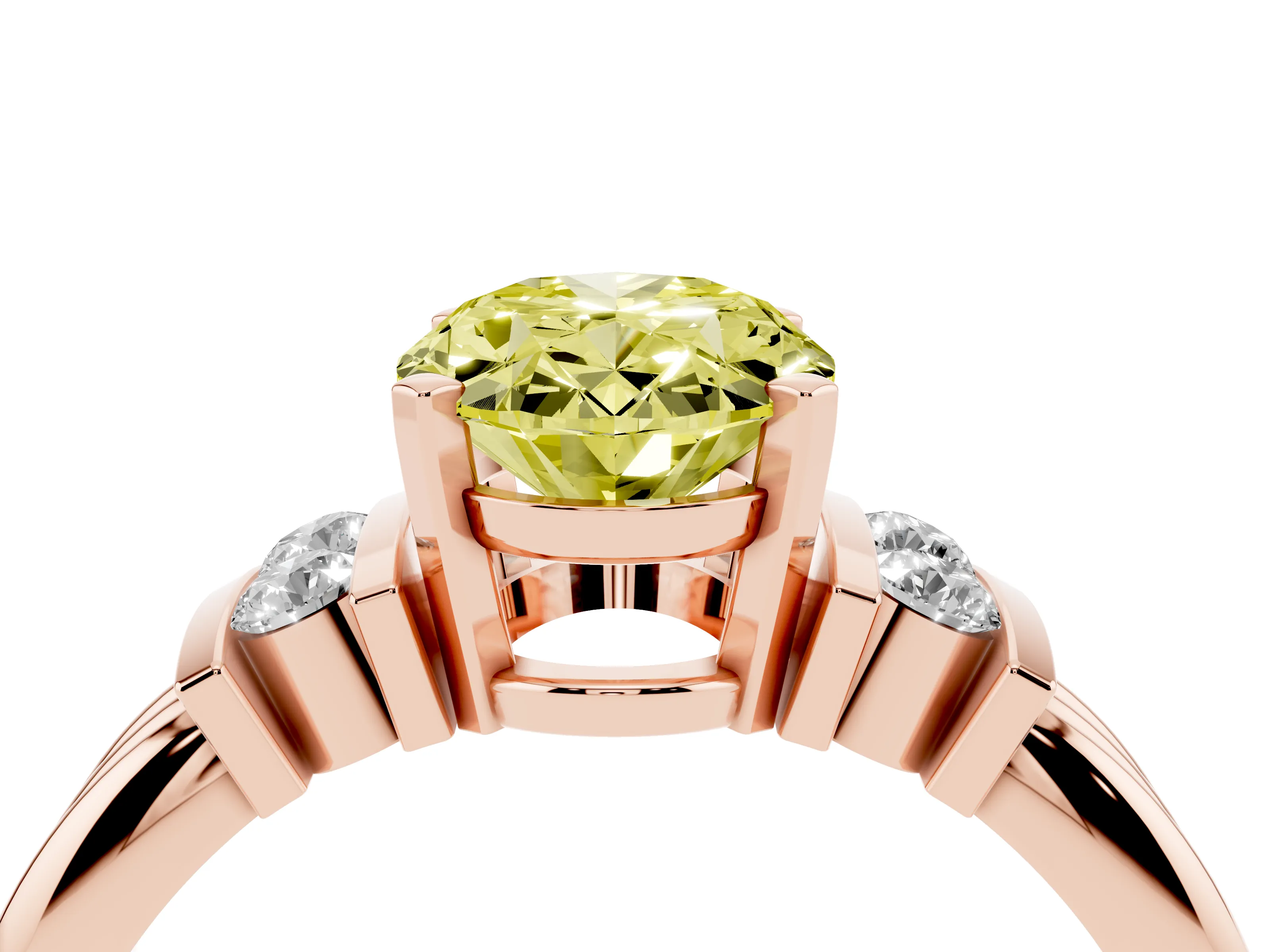Fancy Yellow Three-Stone Oval Cut Diamond Channel Set Ring Set in Rose gold with Bar Prongs