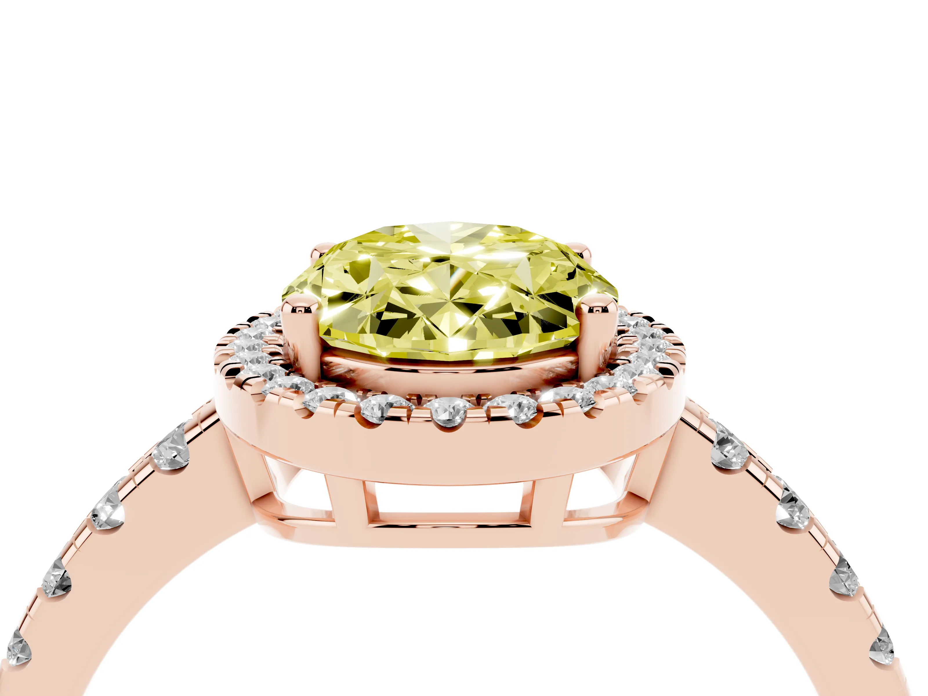 Fancy Yellow Oval Cut Diamond Halo Ring Set in Rose gold with Delicate Pavé Band and Prong Setting