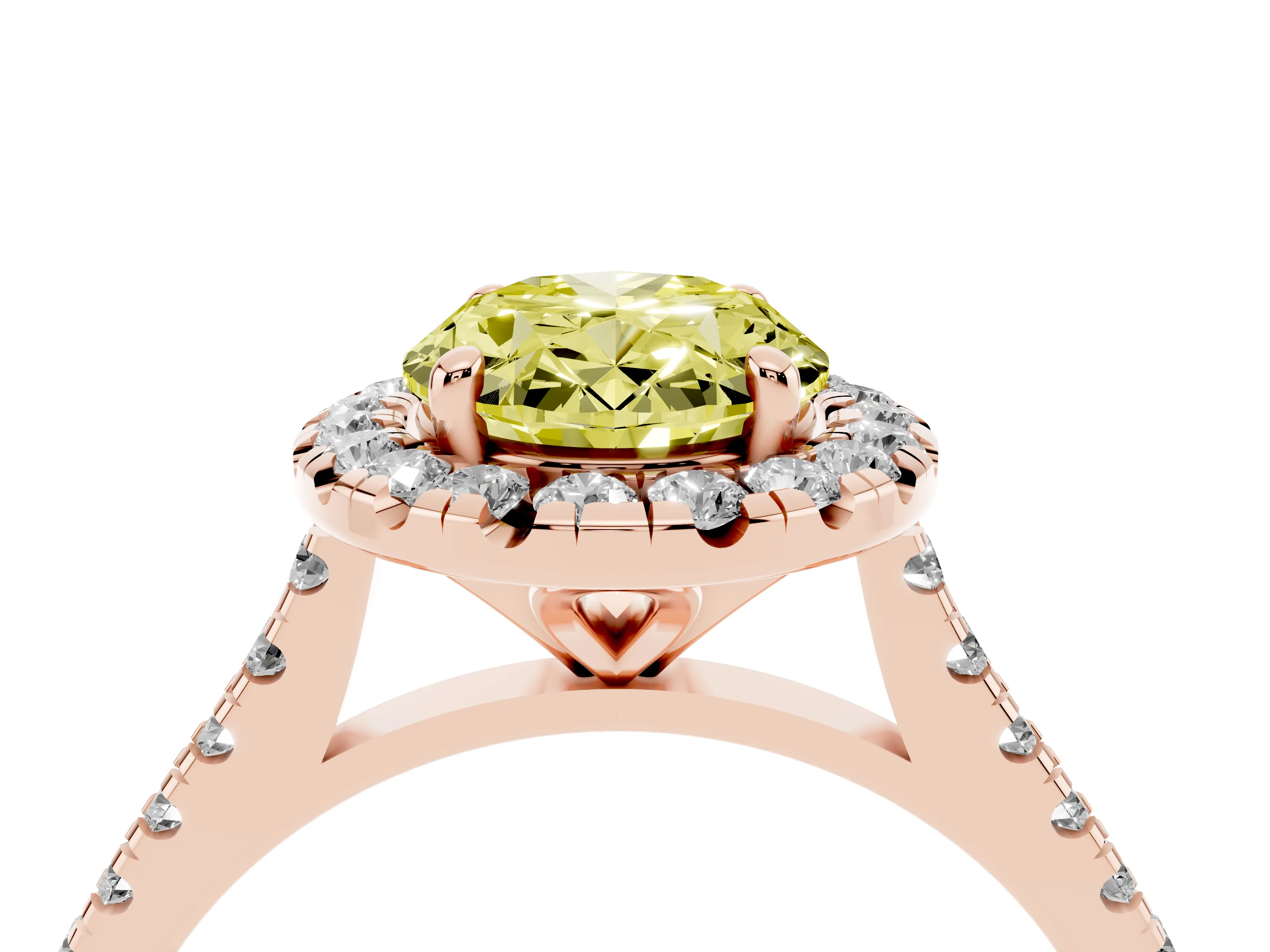 Fancy Yellow Oval Cut Diamond Cushion Halo Ring Set in Rose gold with Pavé Band