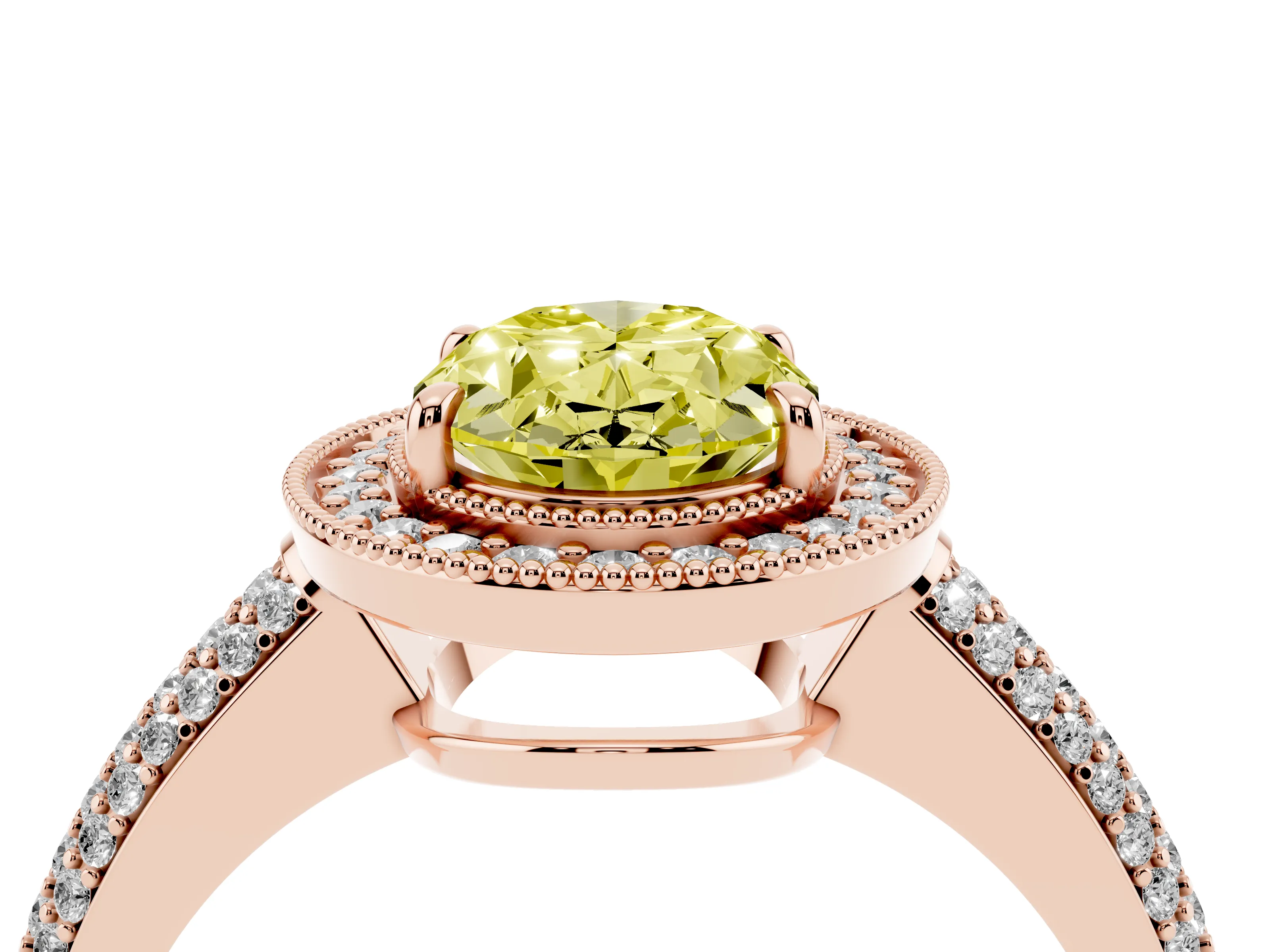 Fancy Yellow Oval Cut Diamond Halo Pavé Band Set in Rose gold with Prong Setting