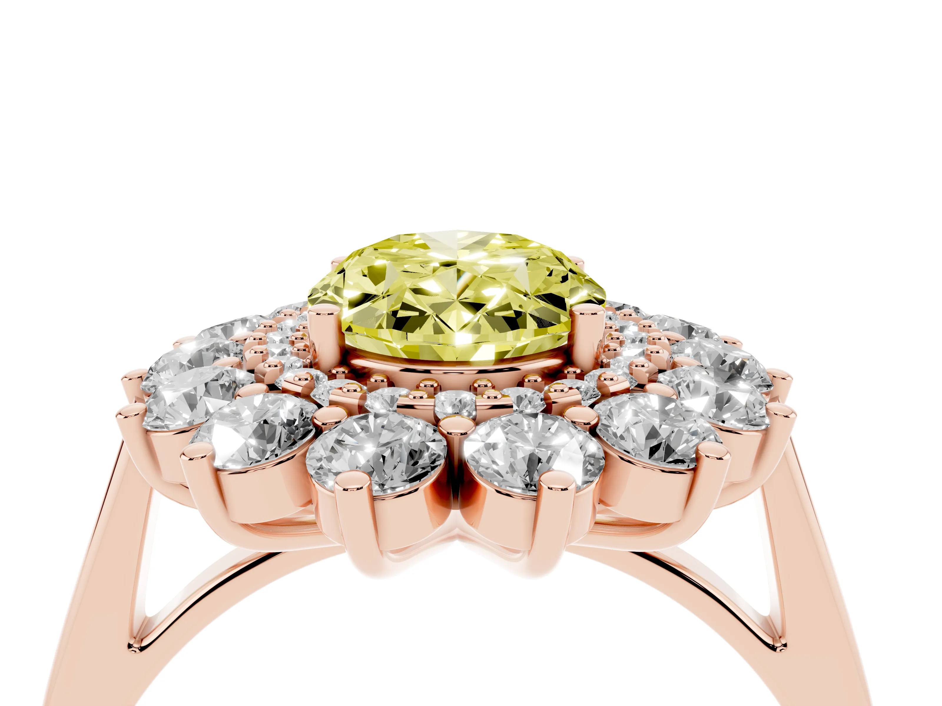Fancy Yellow Oval Cut Diamond Floral Double Halo Ring Set in Rose gold with Round Petals