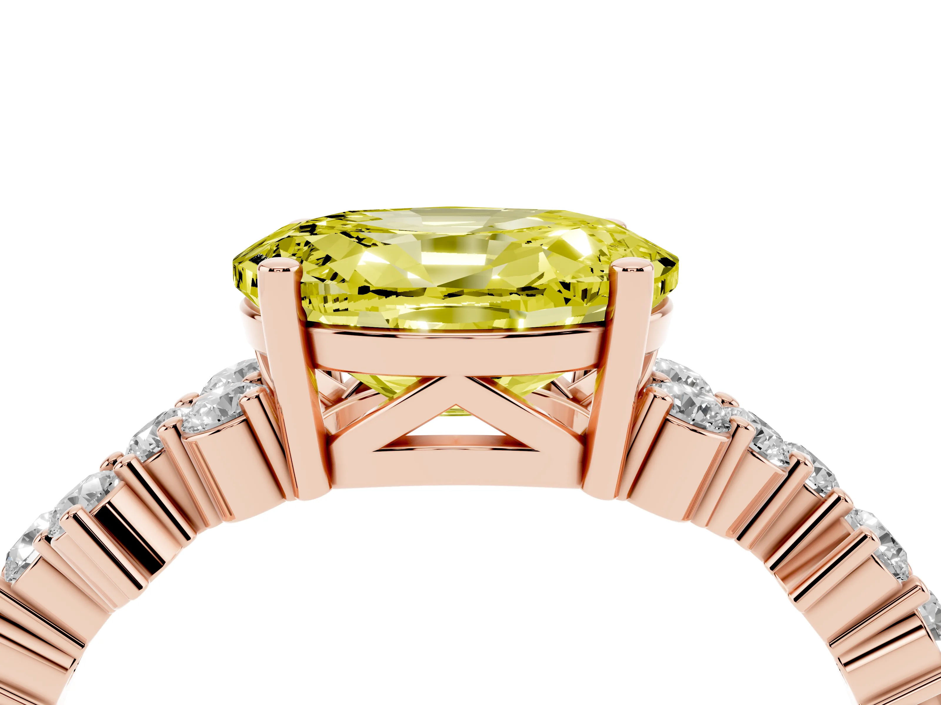 Fancy Yellow Oval Cut Diamond Ring Set in Rose gold with Scattered Round Accents